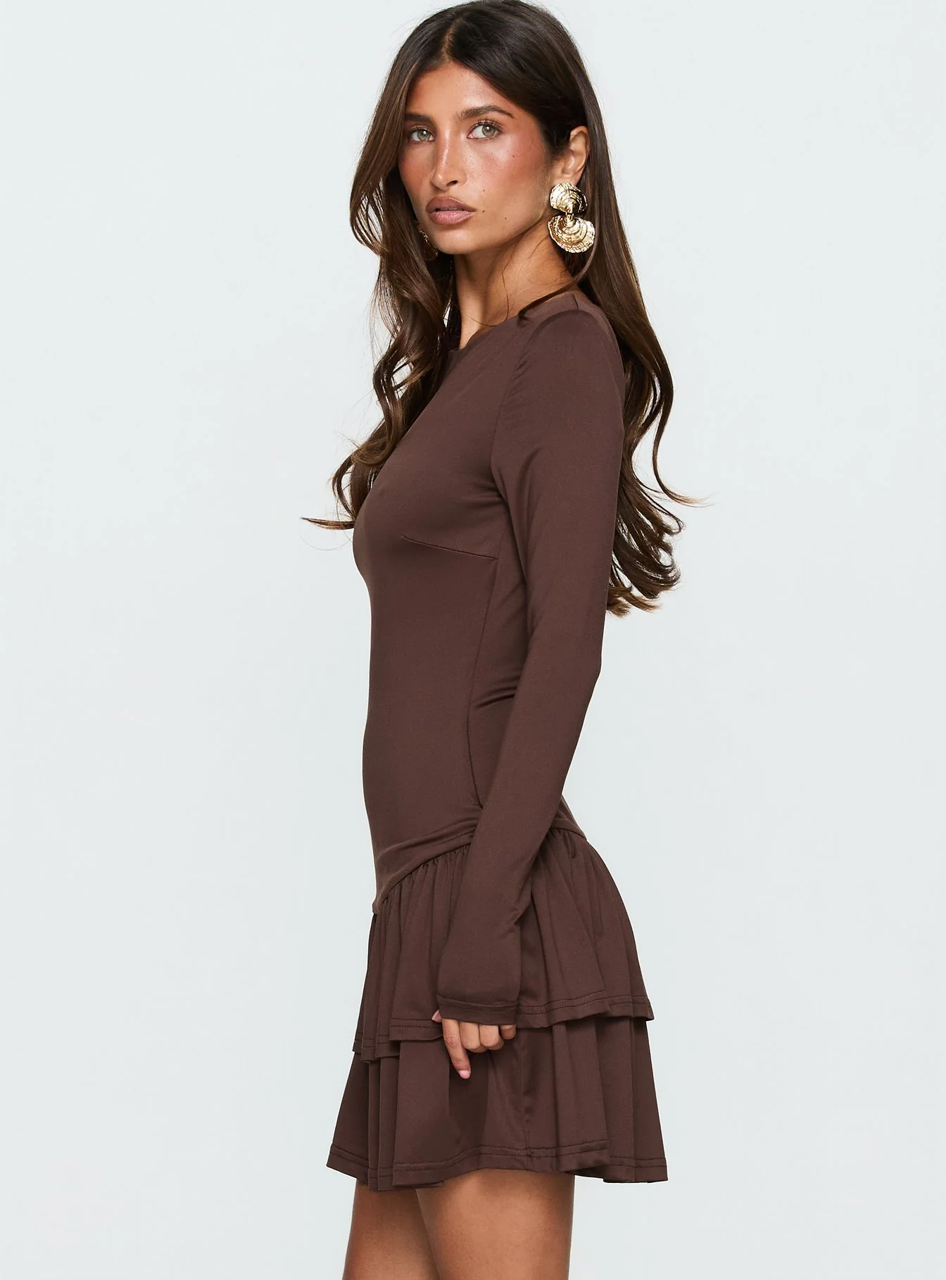Mallissa Long Sleeve Ruffled Mini Dress Brown