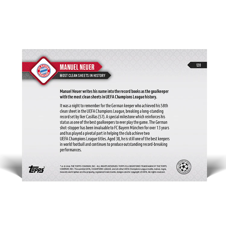 Manuel Neuer - UEFA Champions League Record: Most clean sheets in history - 23/24 UCL TOPPS NOW® Card 120