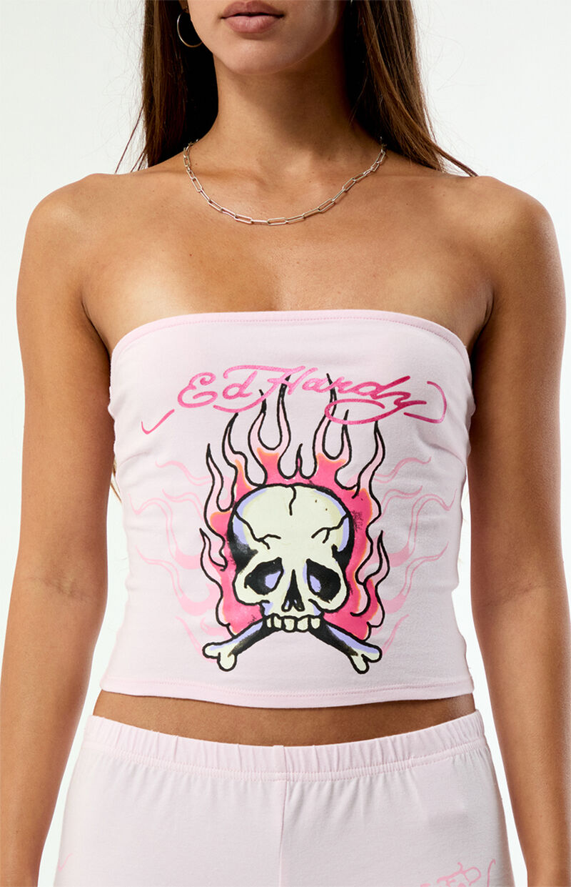 Ed Hardy Pink Flame Skull Tube Top