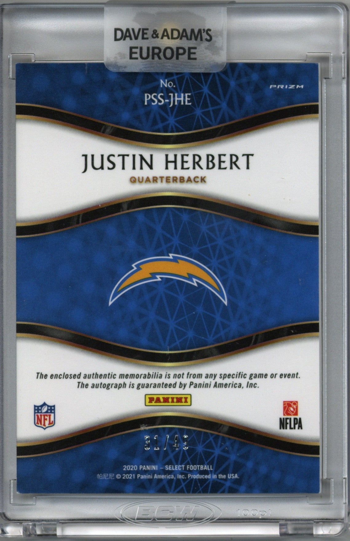 2020 Panini Select Justin Herbert Patch Auto Card #PSS-JHE 31/49