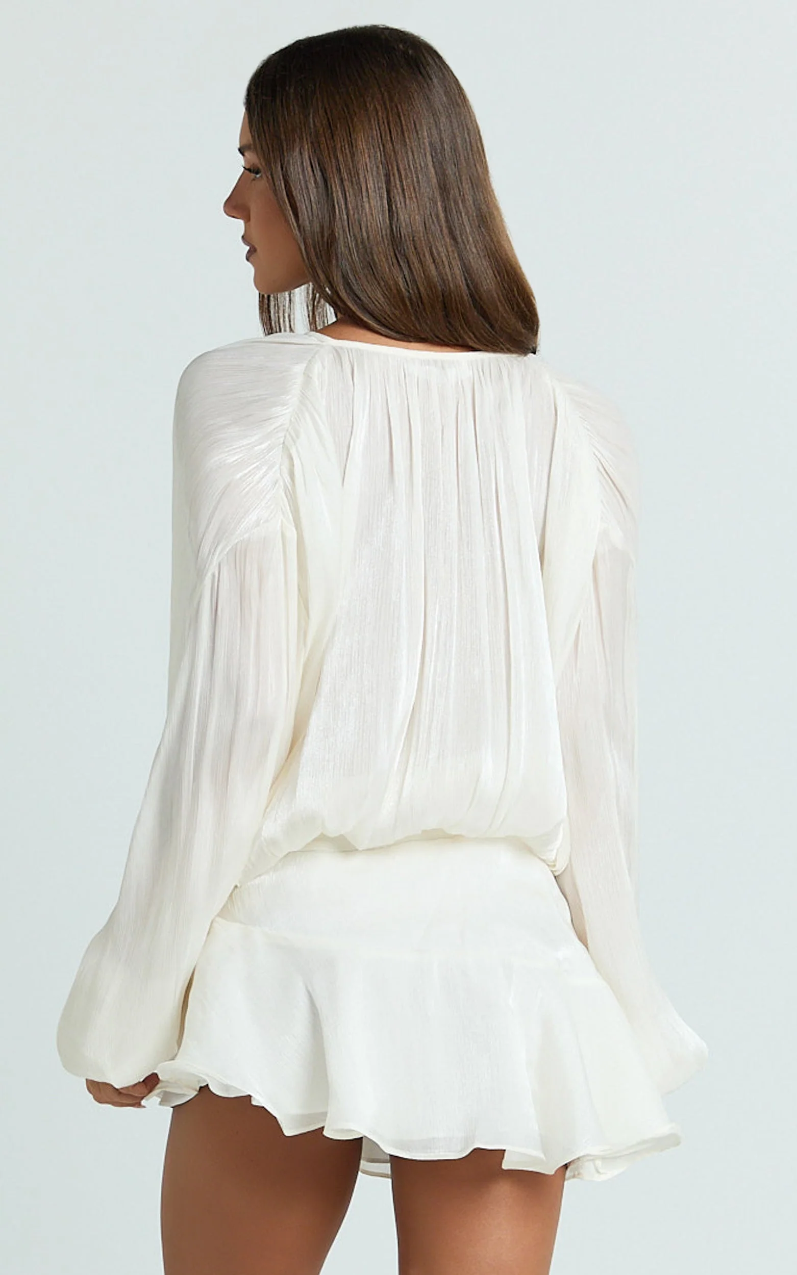 Carmela Mini Dress - Long Sleeve Tie Neck Ruffle Skirt Dress in Off White