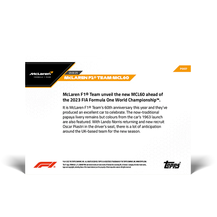 Topps UK - McLaren F1 Team MCL60 - F1 TOPPS NOW® Card #P007