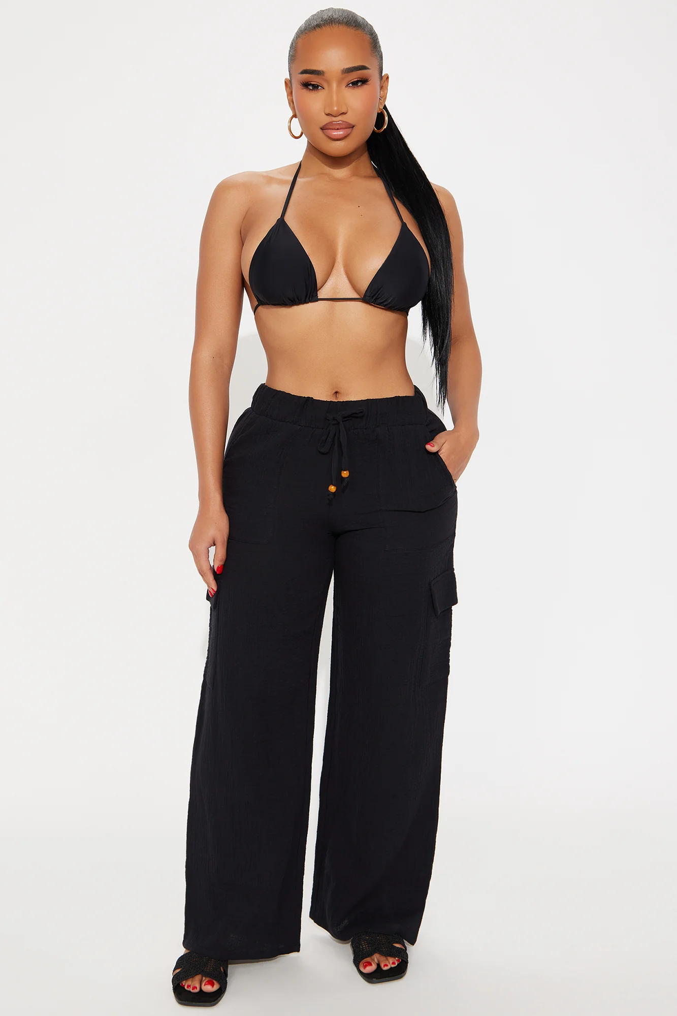 Keep It Simple Gauze Cover Up Cargo Pants - Black