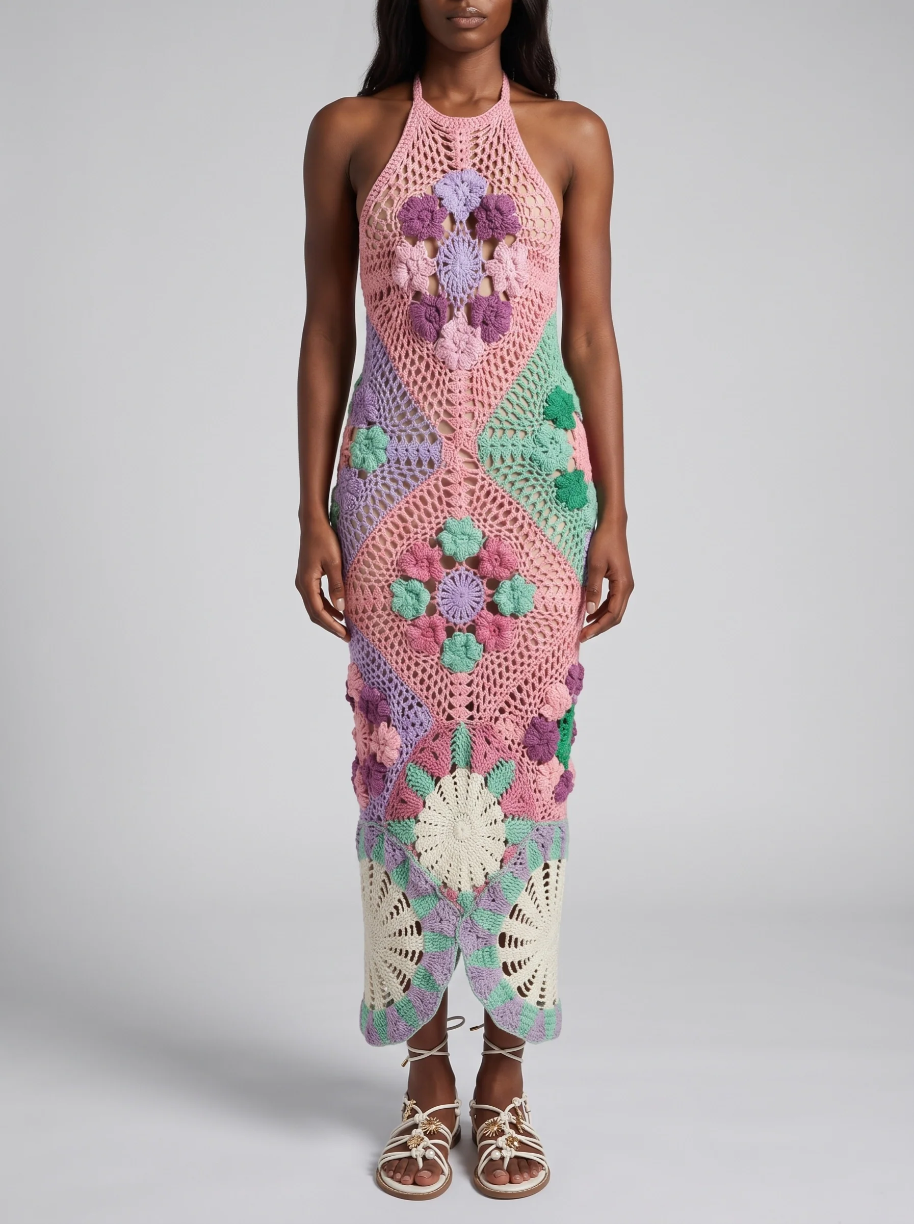 Rowan Halter Maxi Crochet Pink Dress