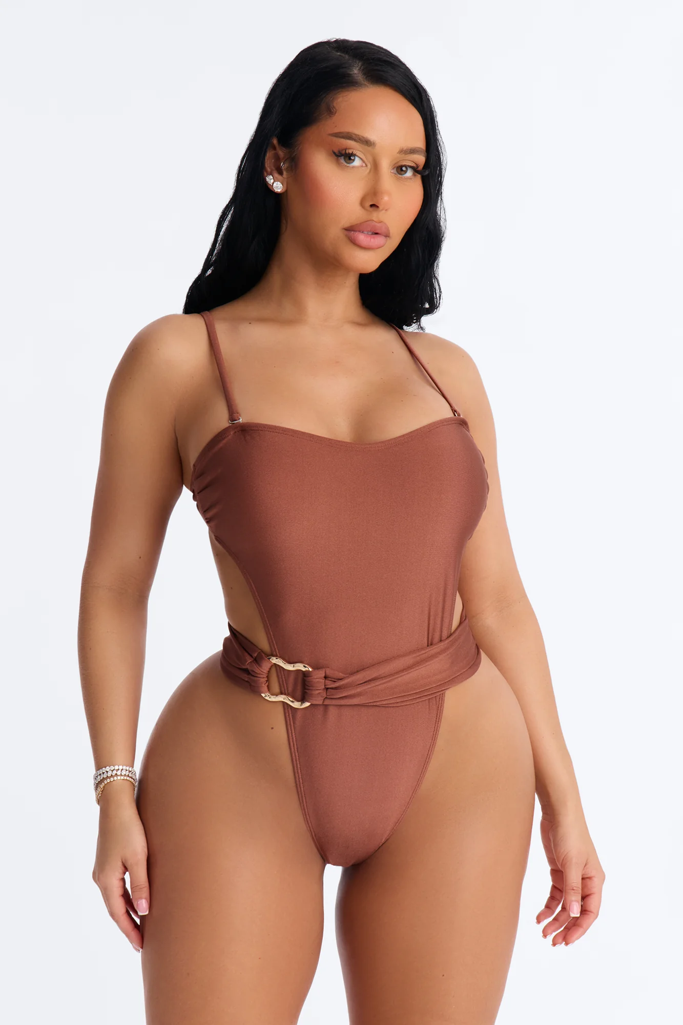 On The Bright Side 1 Piece High Cut Belted Swimsuit - Brown