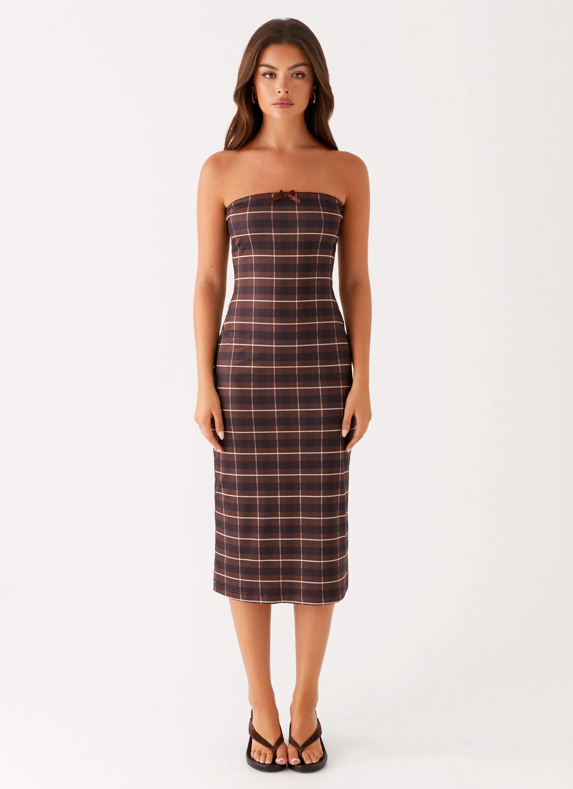 Niko Strapless Midi Dress - Brown Black Check