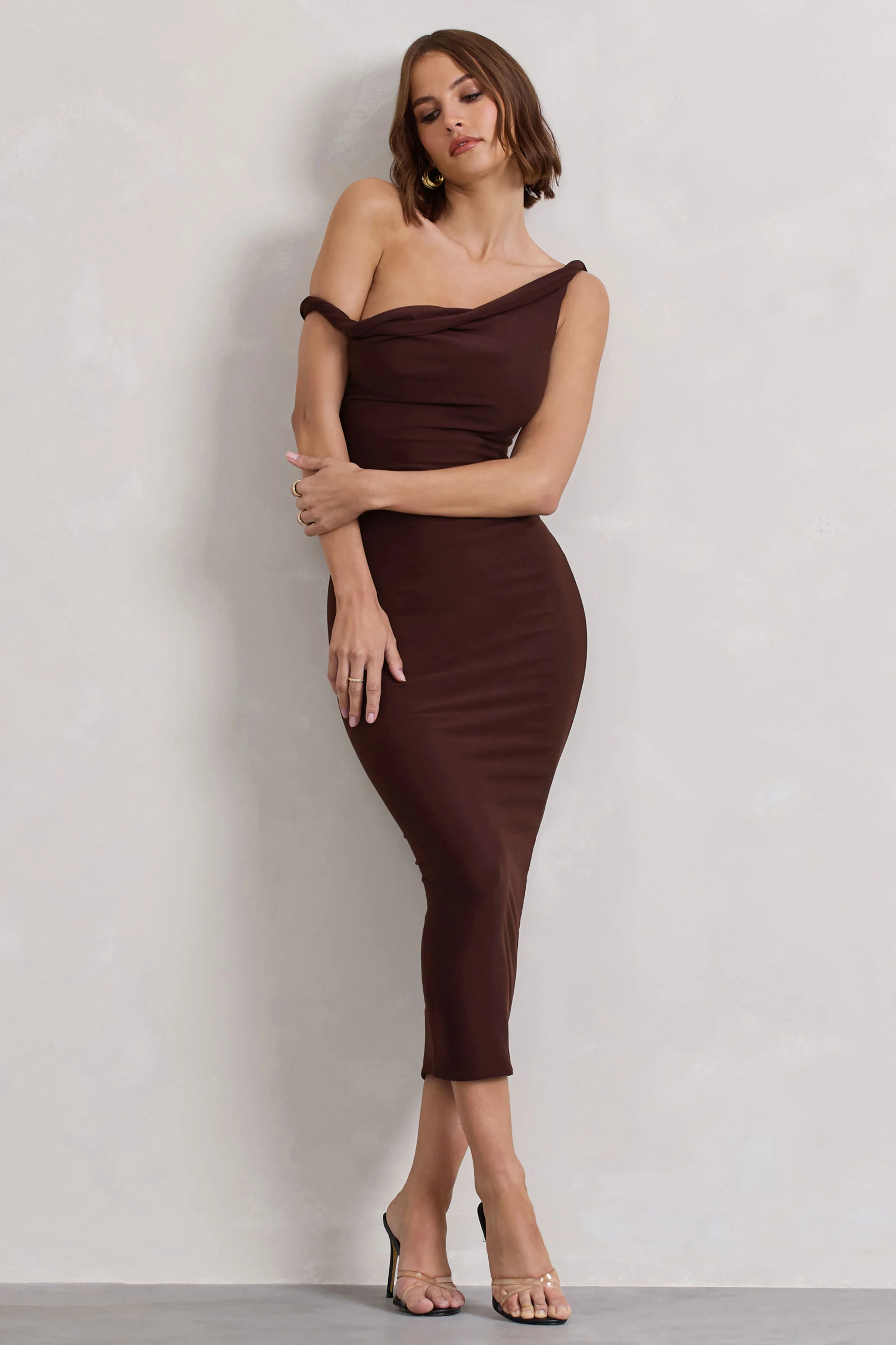 Salome | Chocolate Brown Twisted Asymmetric Midi Dress