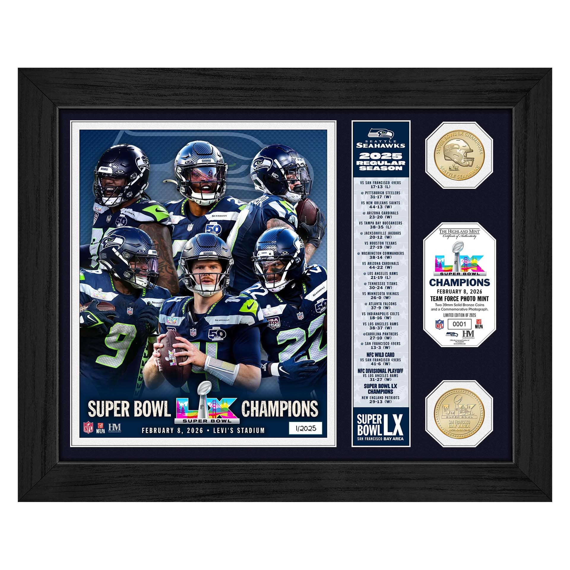 Seattle Seahawks Super Bowl LX Champions Banner Bronze Coins NFL Frame