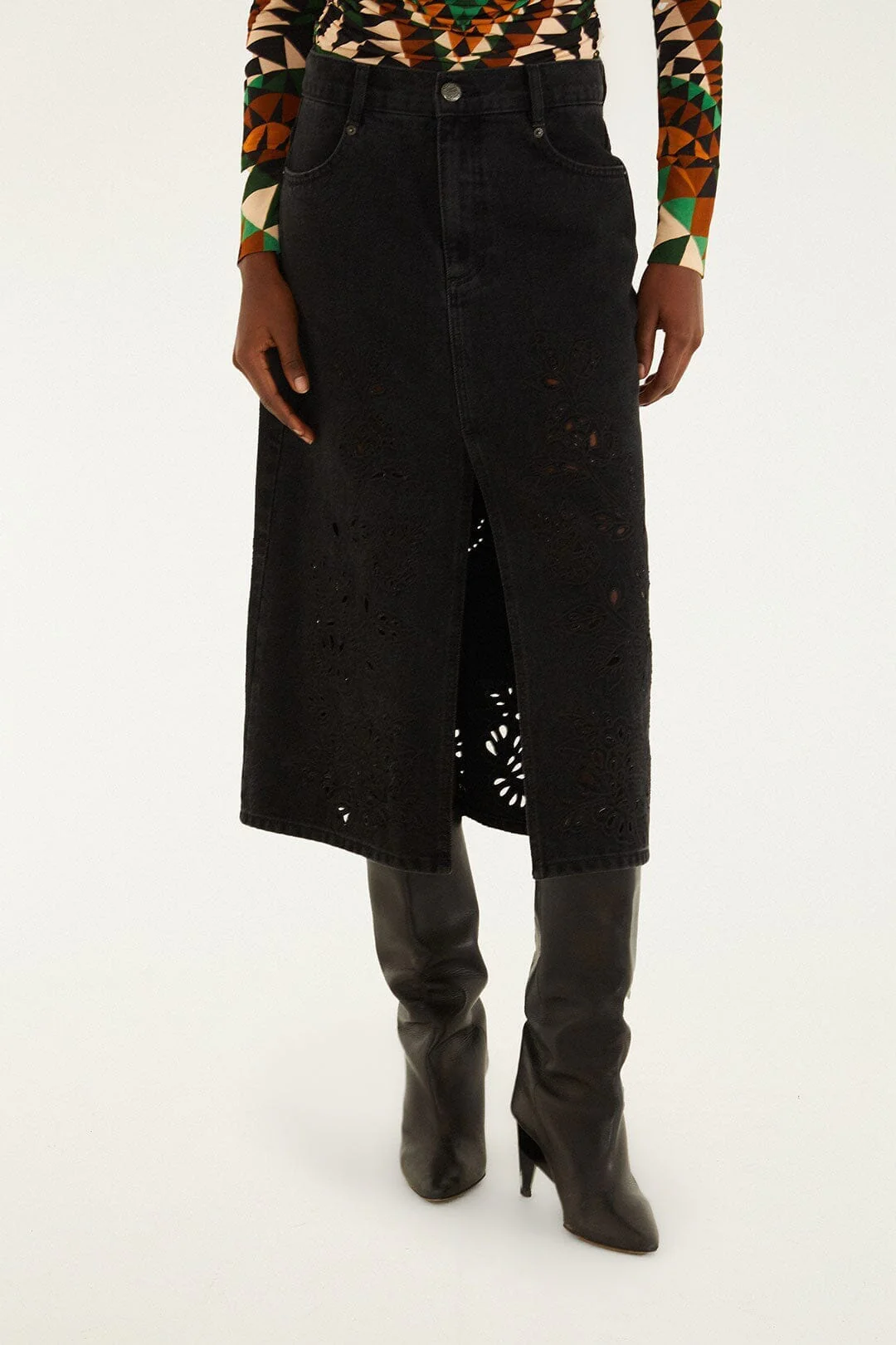 Black Denim Richelieu Front Slit Midi Skirt
