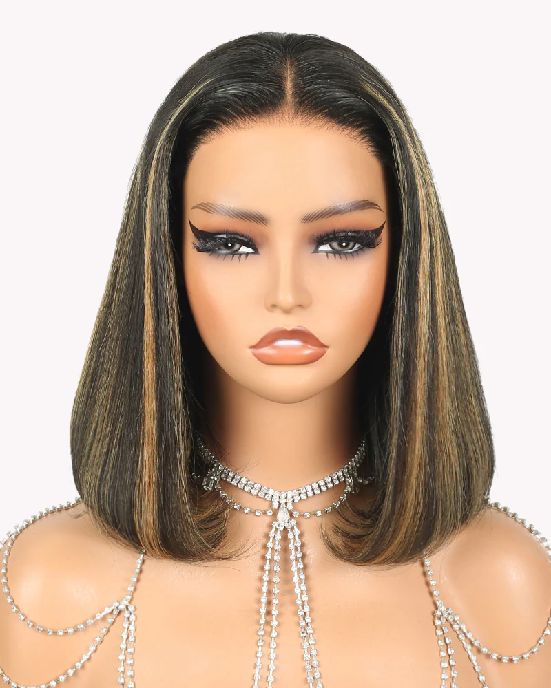 Ophirawig 6x5 Invisible Knots & 13x4 Frontal Lace Balayage Highlight Straight Bob Colored Wig Pre-cut Lace Beginner Friendly