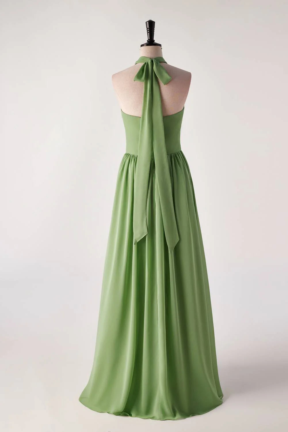 Halter V Neck Matcha Green Long Bridesmaid Dress