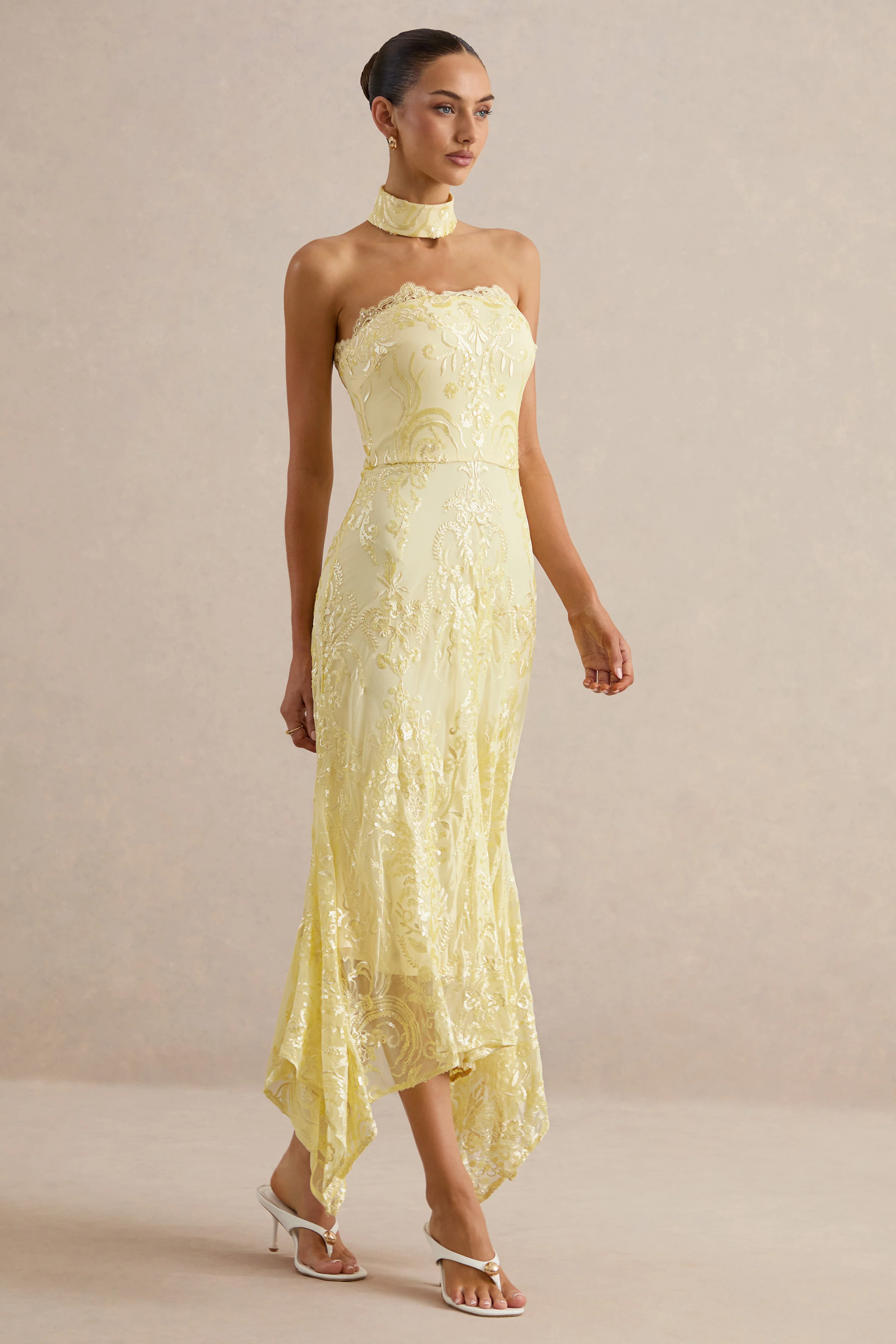 Galathea | Yellow Lace Bandeau-Neck Midi Dress With Collar Detail