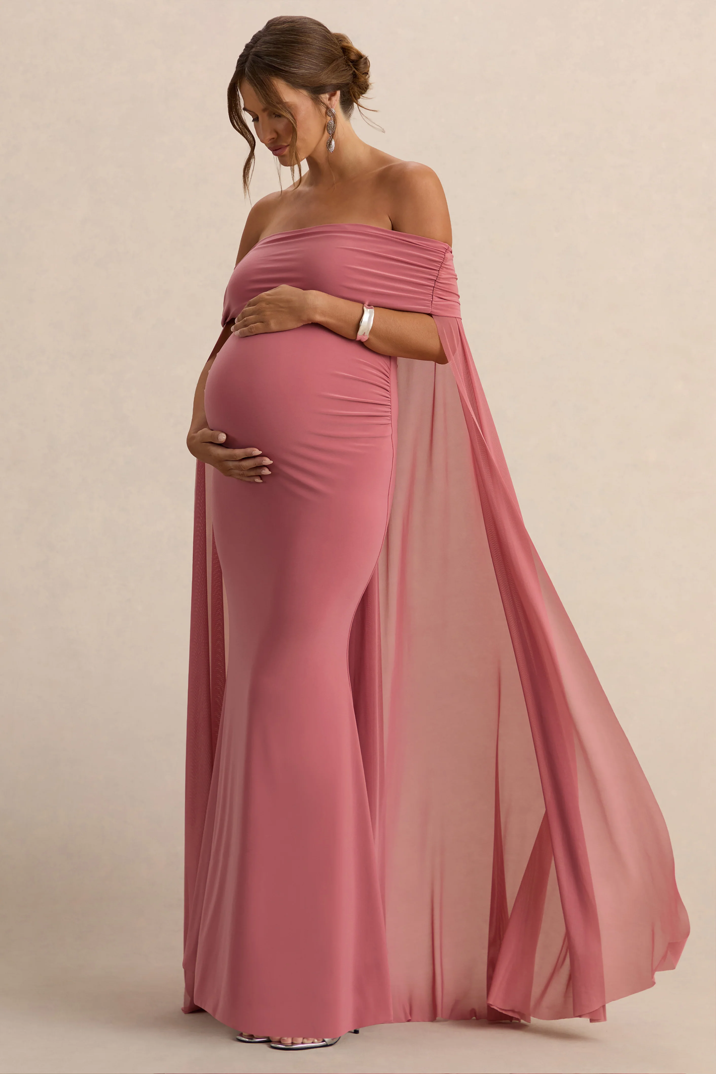 Carlotta | Blush Pink Bardot Maternity Maxi Dress With Chiffon Cape