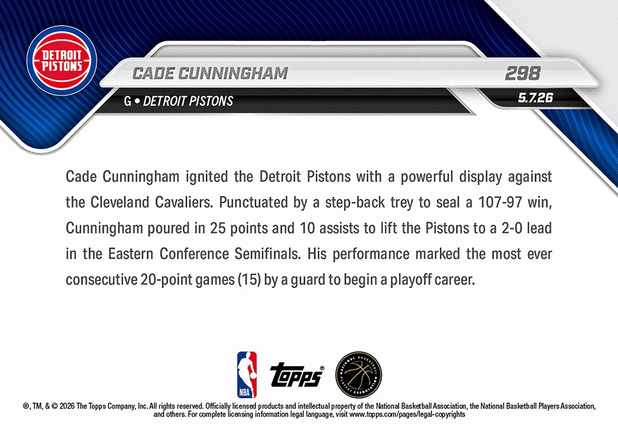 Cade Cunningham - 2025-26 NBA Topps NOW® - Card 298 - PR: 883