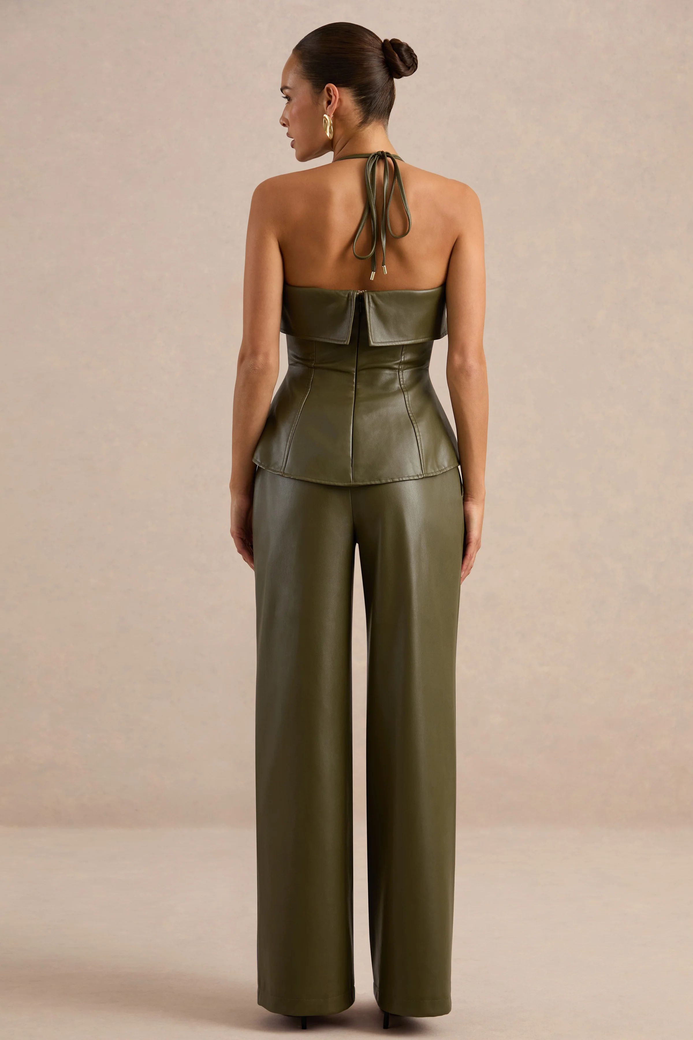 Gaelina | Khaki Faux Leather Straight Leg Trousers