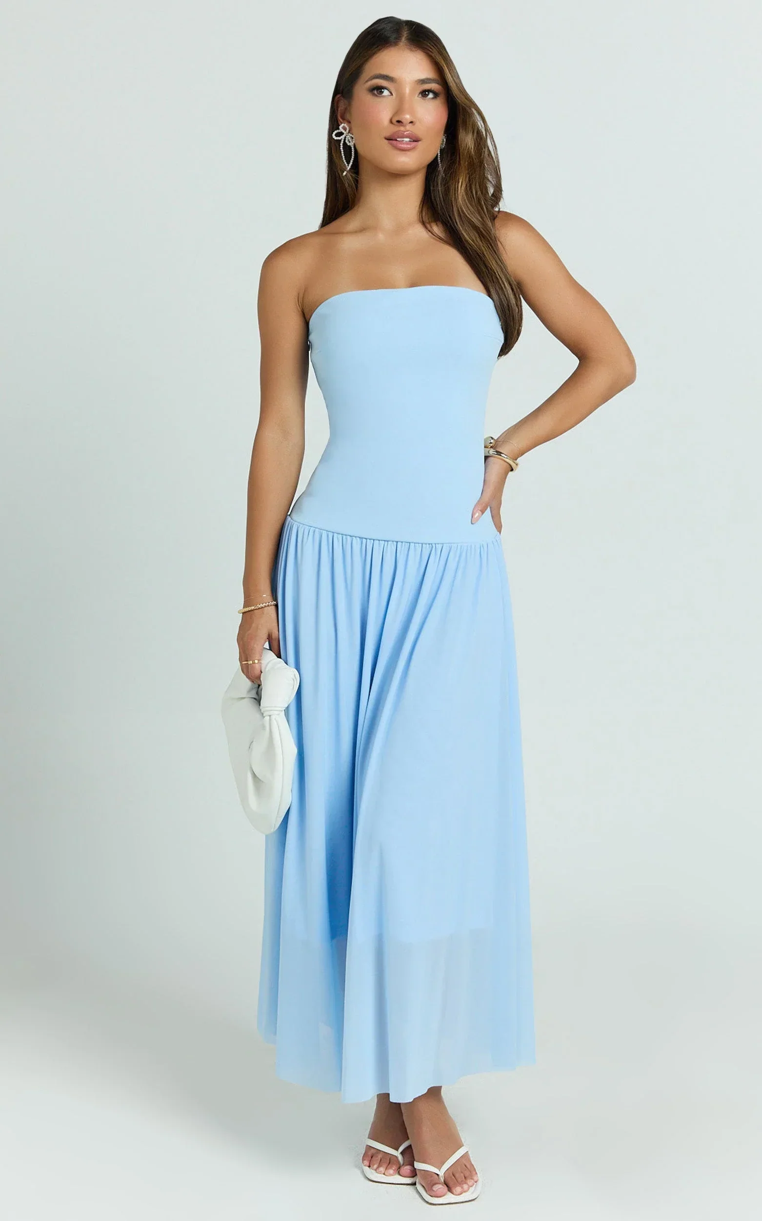 Cherie Midi Dress - Strapless Drop Waist Dress in Blue