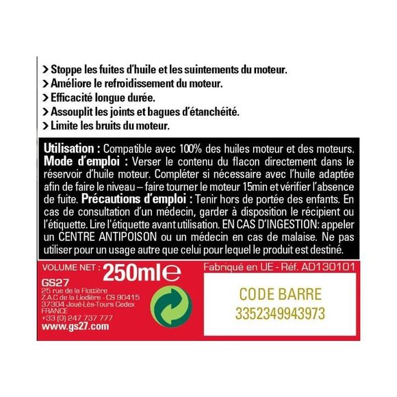 Stop fuite GS27 Huile Moteur - Préventif & Curatif UniverselRef : GS0062 / AD130101