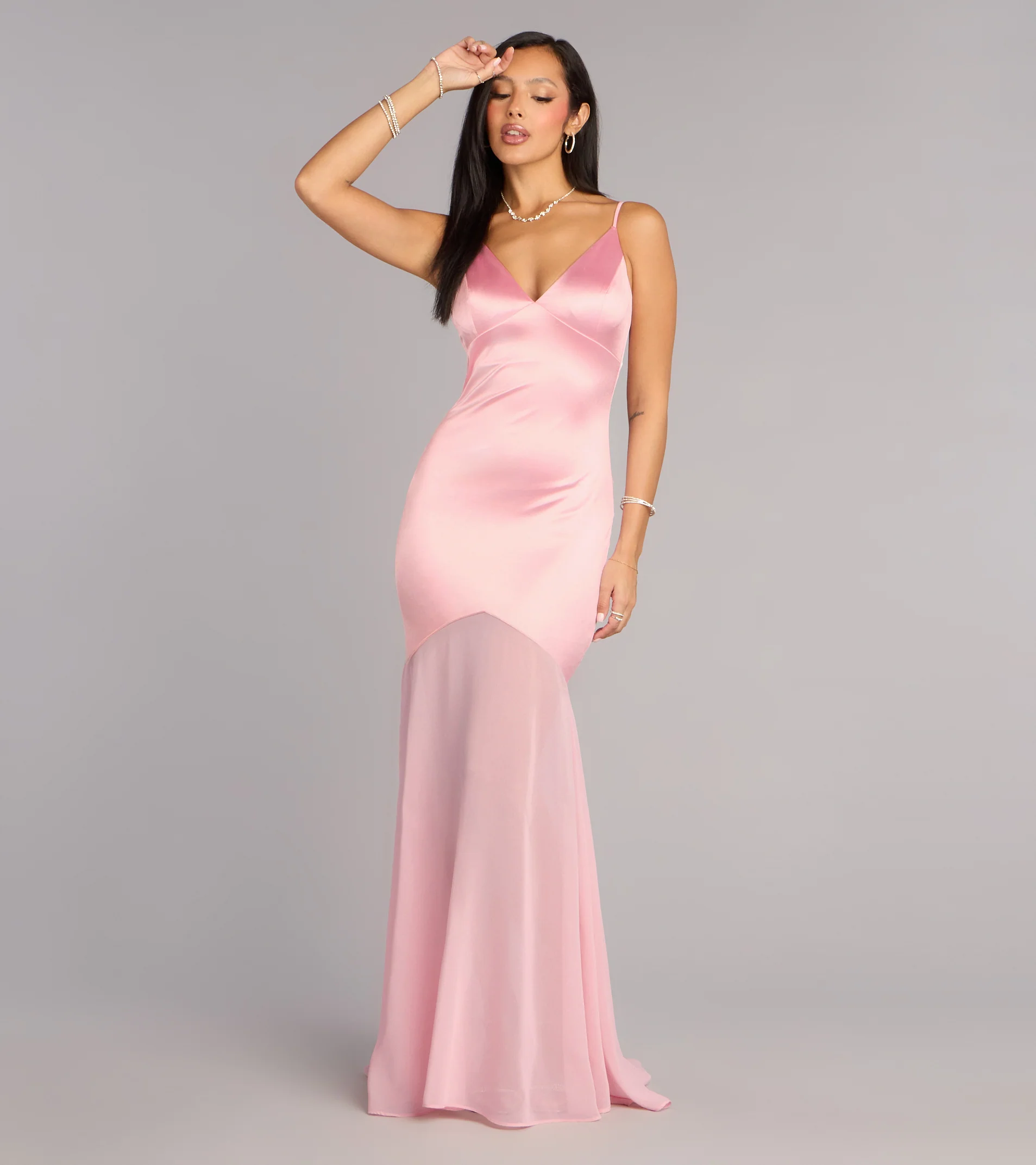 Sandy Satin Tie Back Chiffon Formal Dress