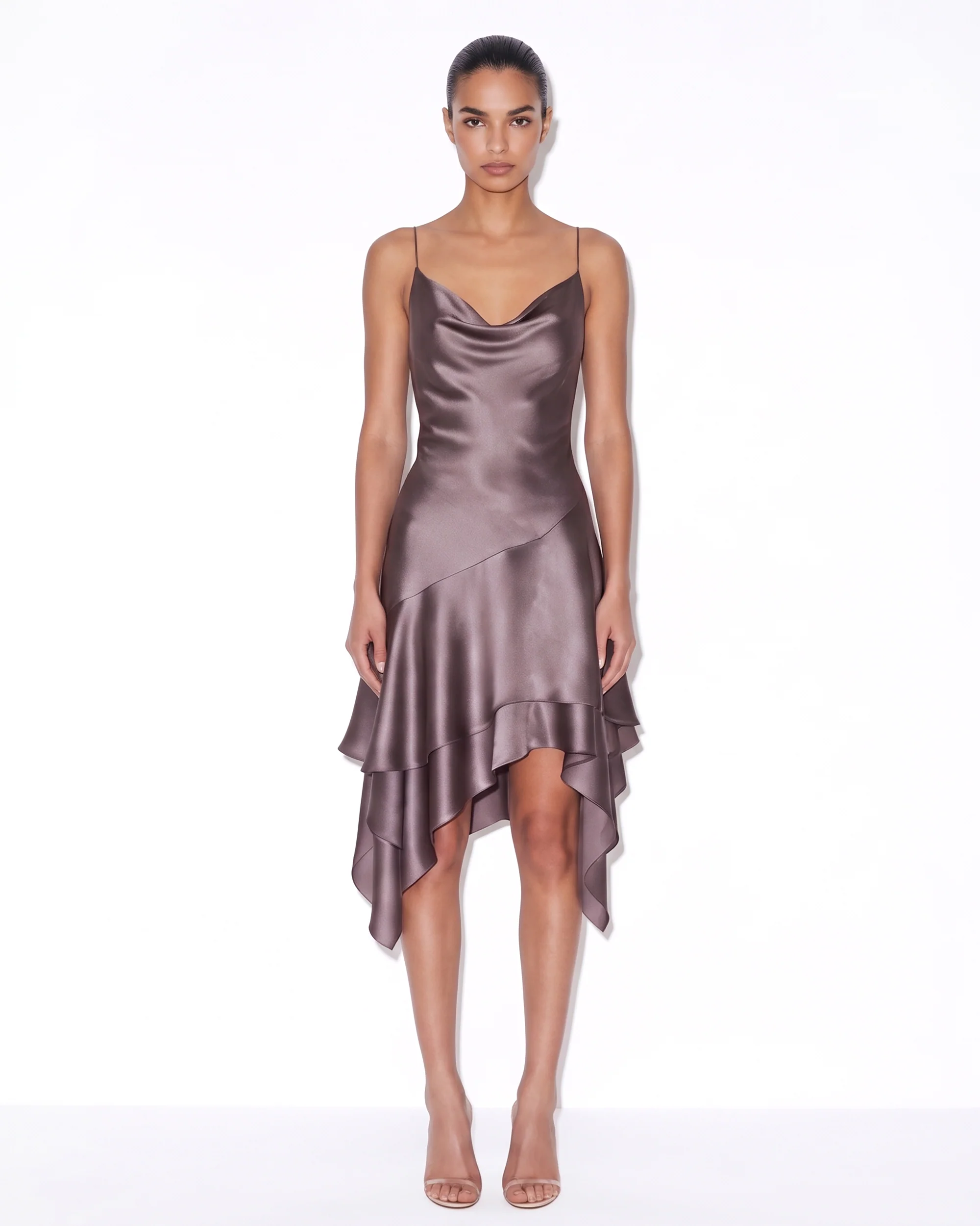 Satin Cowl-Neck Asymmetric Ruffle Midi Dress - Mauve