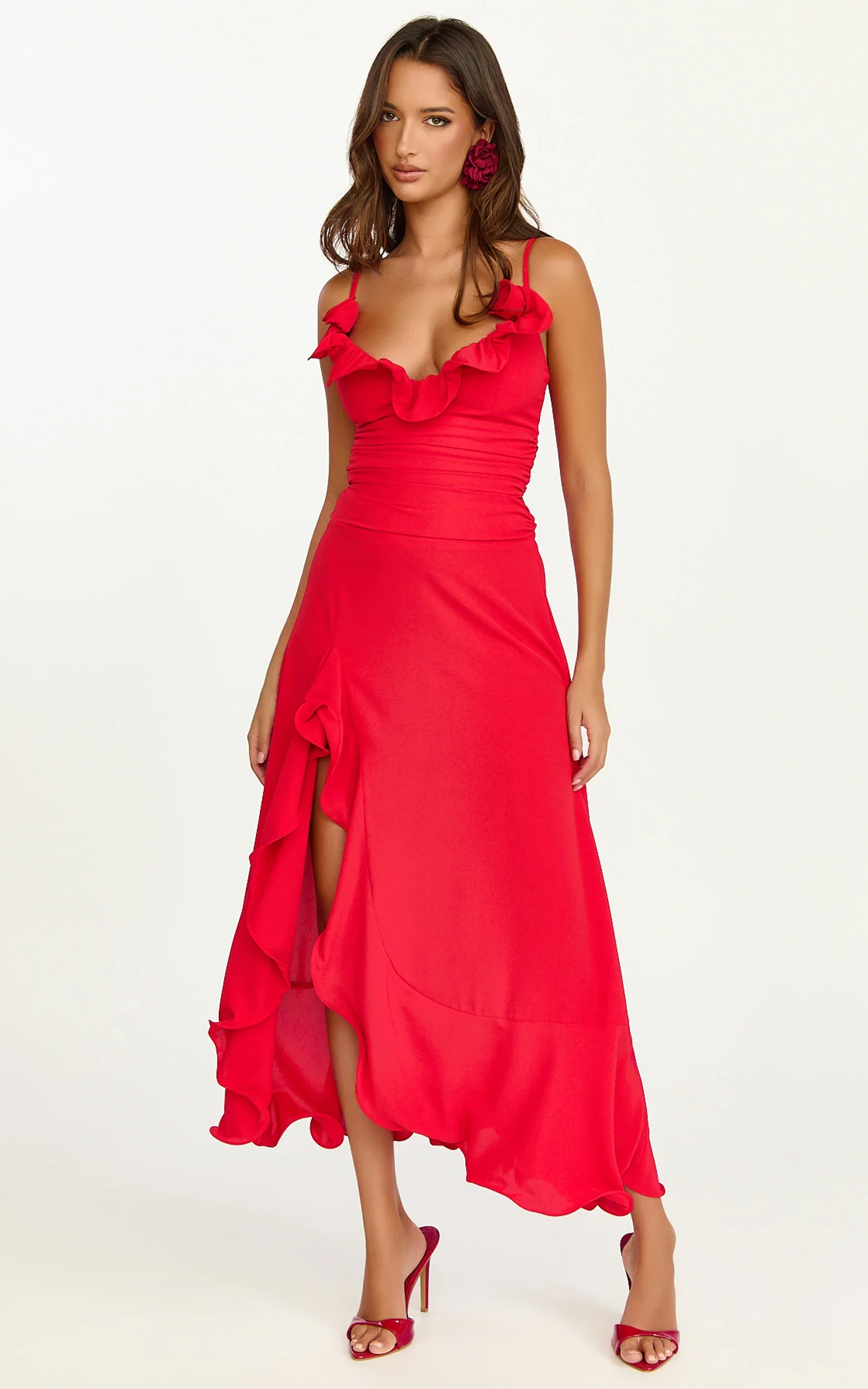 Vivienne Midi Dress - Rosette Neck Gathered Frill Split Leg Dress in Red