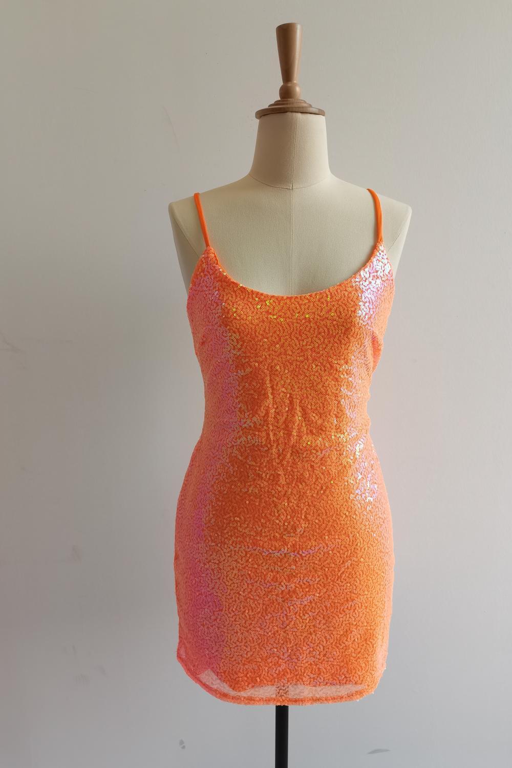 Straps Orange Sequin Tight Mini Dress