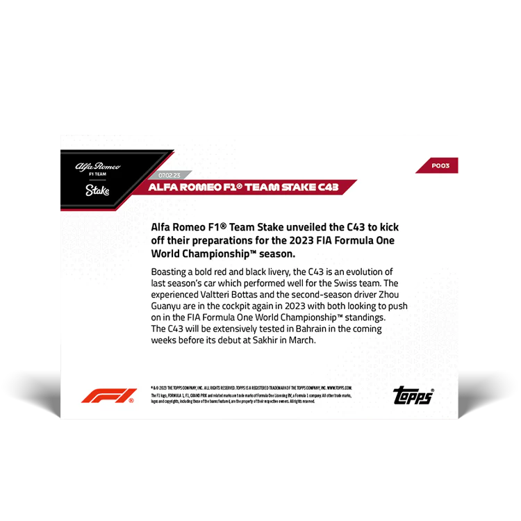 Topps UK - Alfa Romeo F1 Team Stake C43 - F1 TOPPS NOW® Card #P003