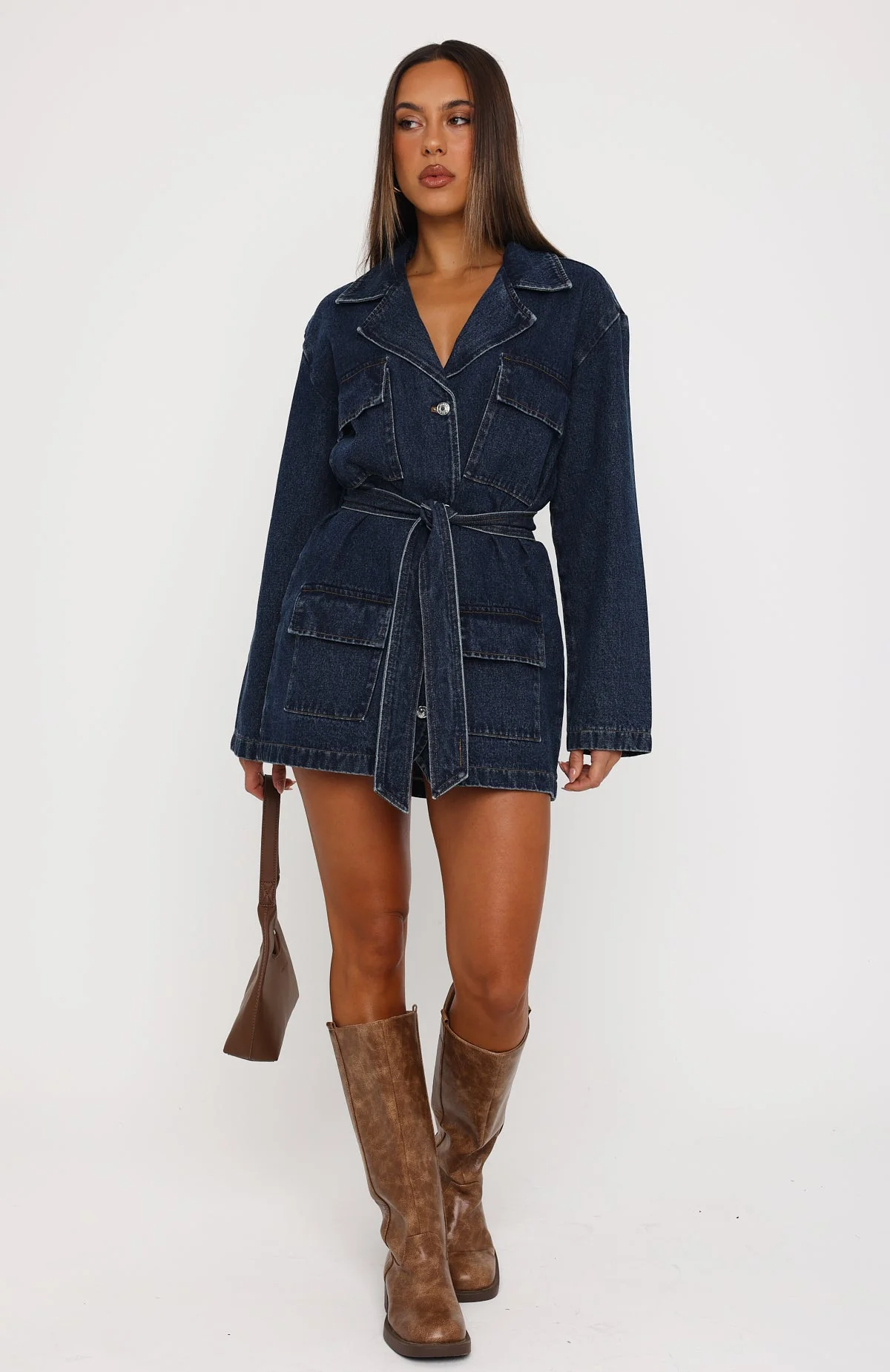 Freefall Romance Long Sleeve Denim Dress Dark Blue Wash