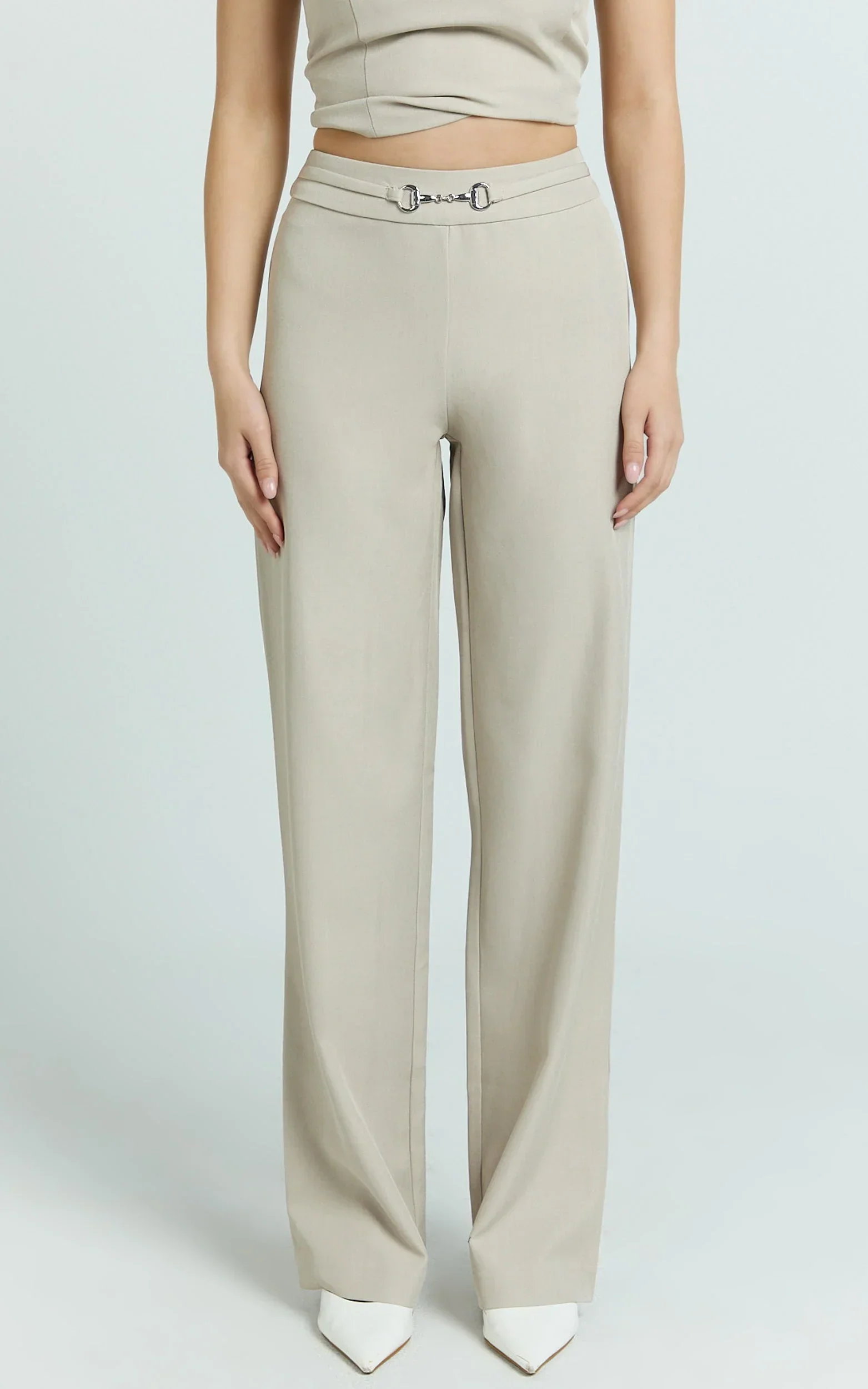 Charlize Pants - Stretch Slim Leg Front Buckle Pants in Stone