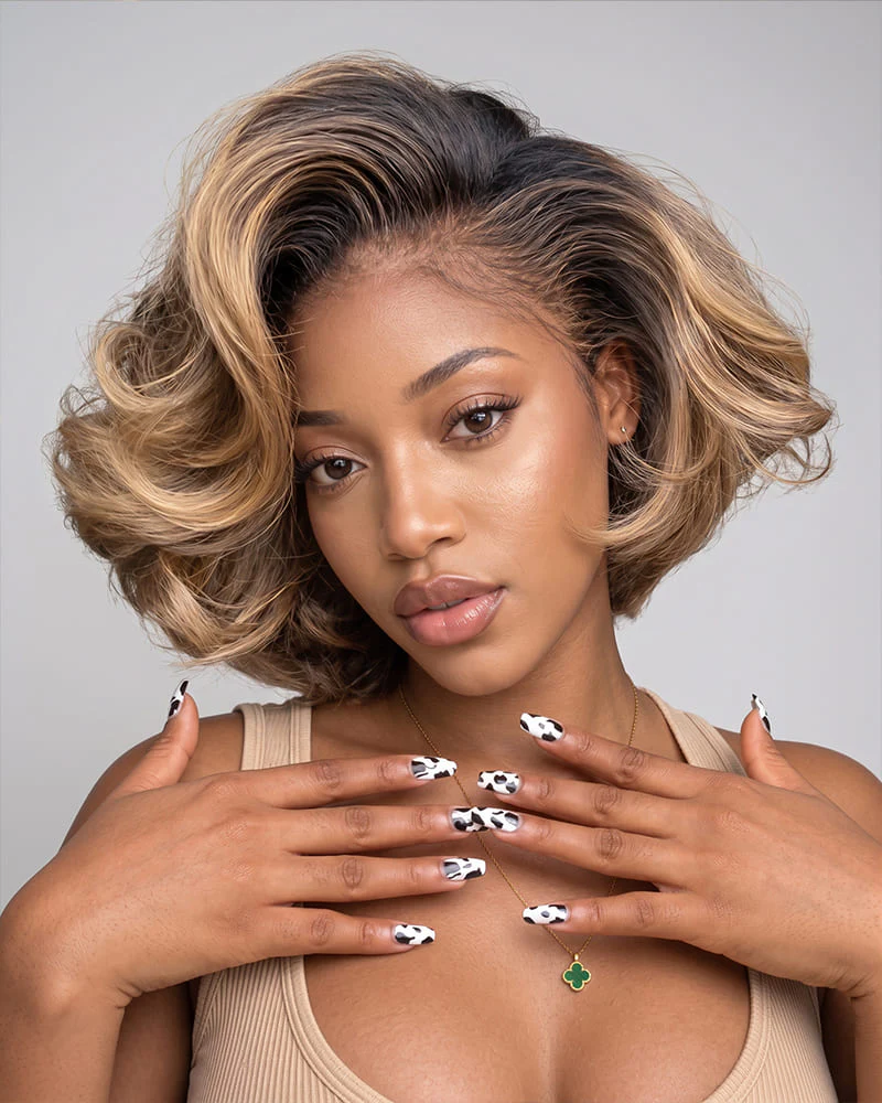 Arabella 13x6 Three-Go™ 250% High Density Glueless Old Money Bob Loose Body Wave Bob Wig Pre-cut Lace Ombre Platinum Blonde Balayage Highlights