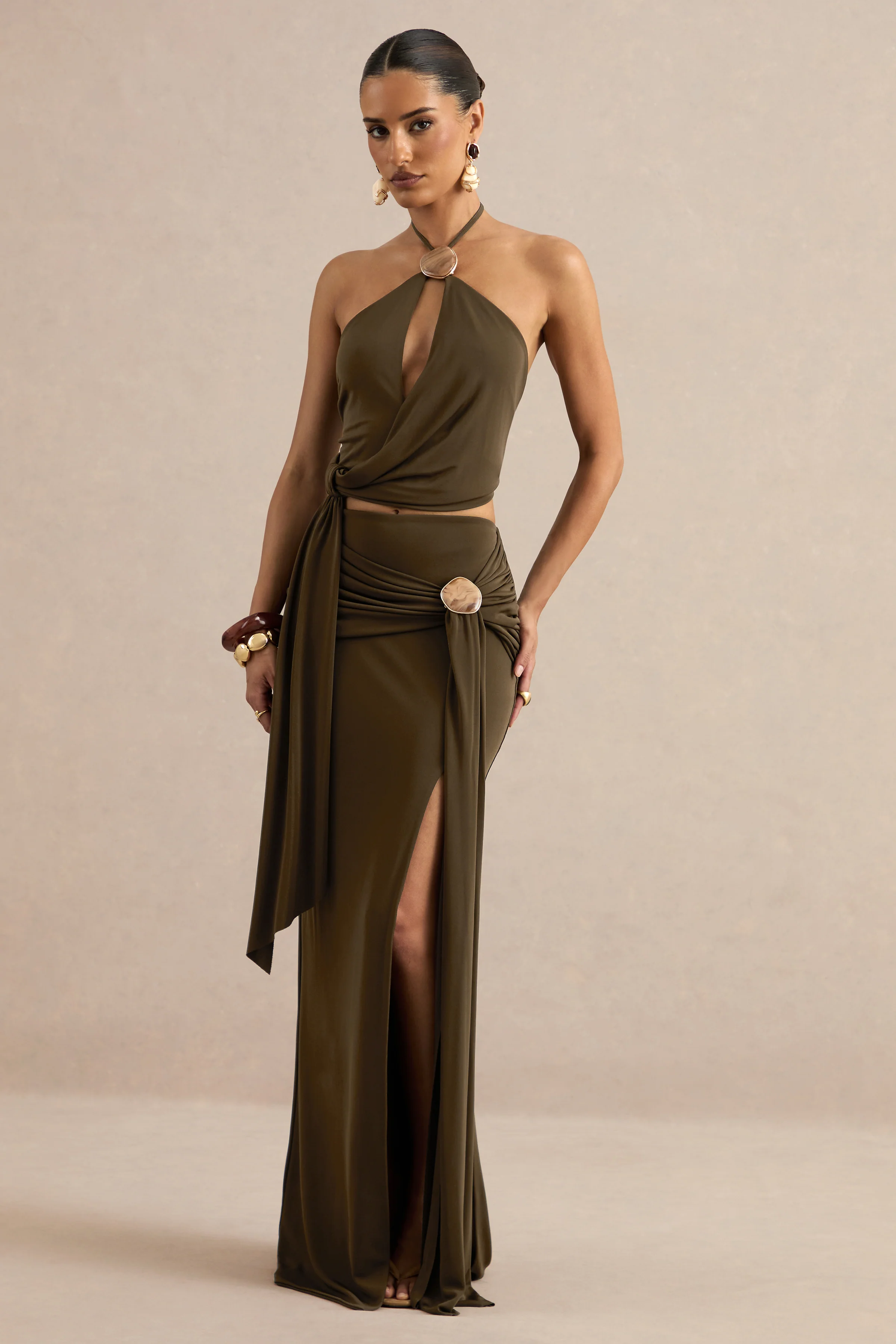 Liviana | Khaki Maxi Skirt With Gathered Detailing And Gold Detail