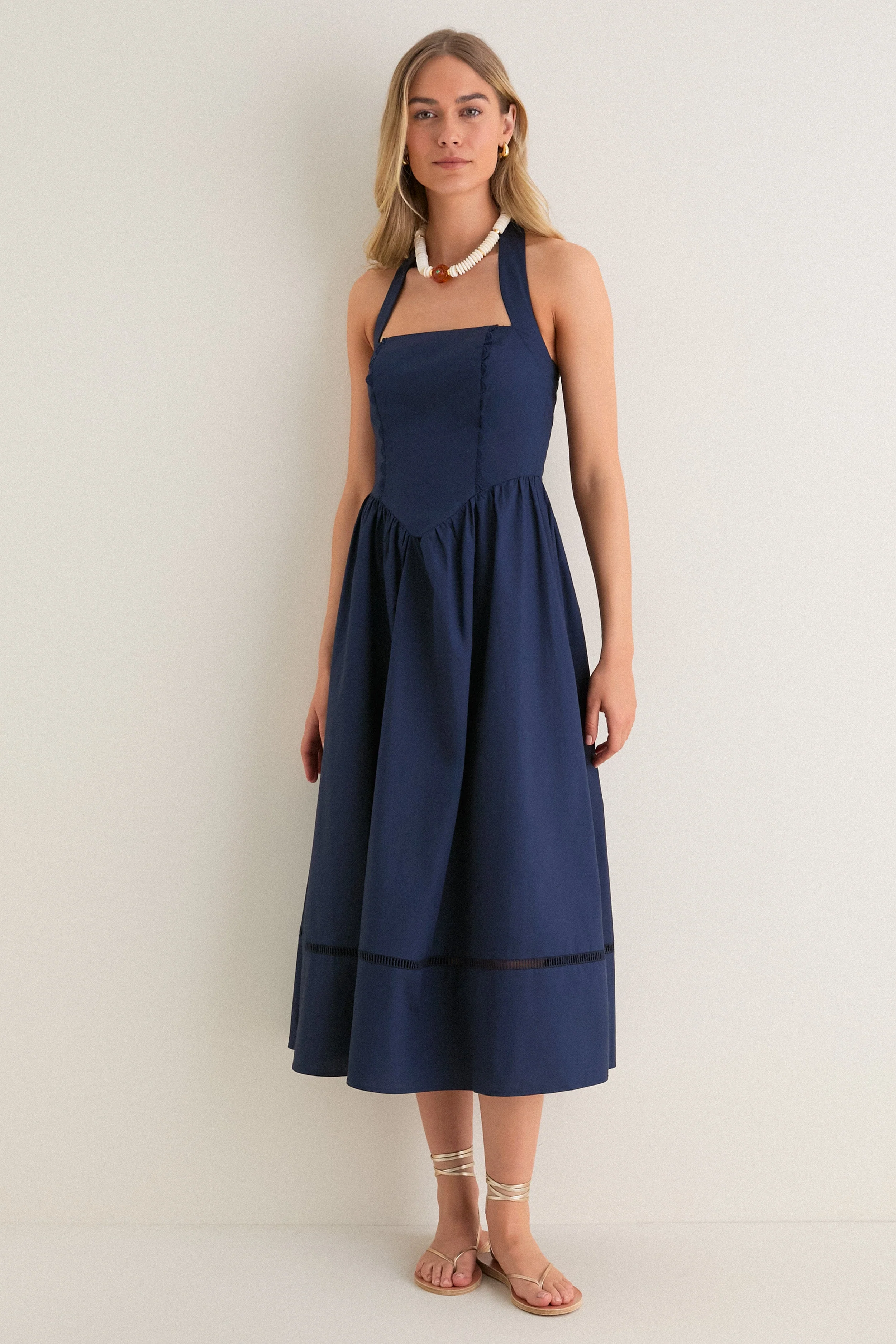 Navy Square Neck Halter Midi Dress