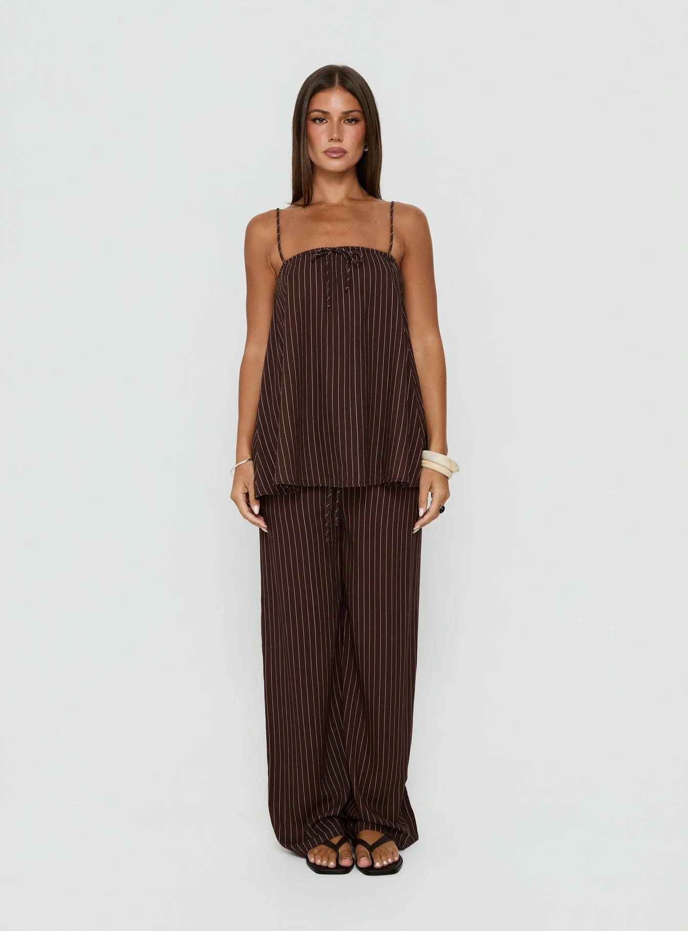 Amibella Mid Rise Wide Leg Pants Brown / Cream Stripe