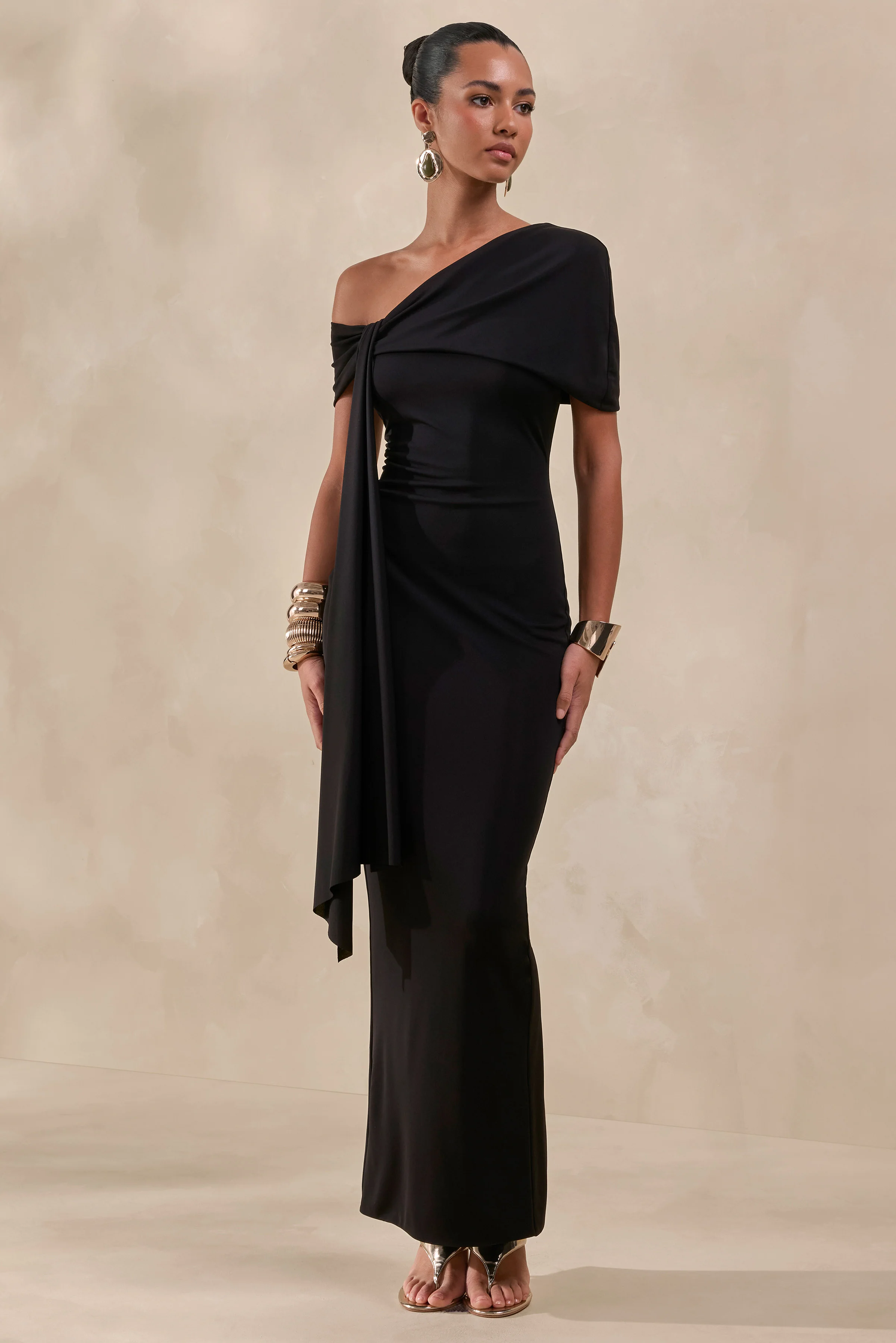 Esalina | Black Asymmetric-Neck Maxi Dress With Sash