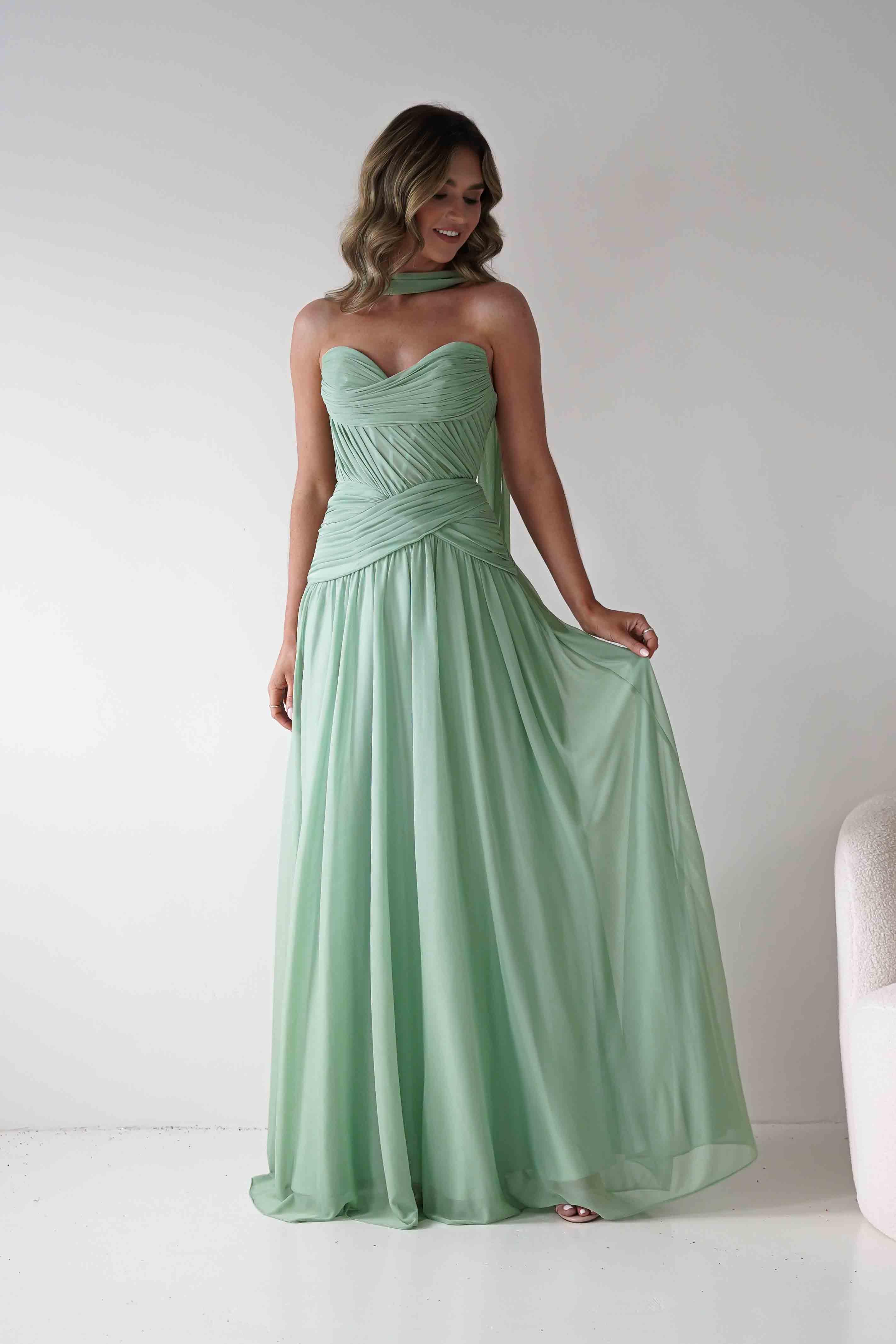 Nicolette Strapless Chiffon Maxi Gown | Sage