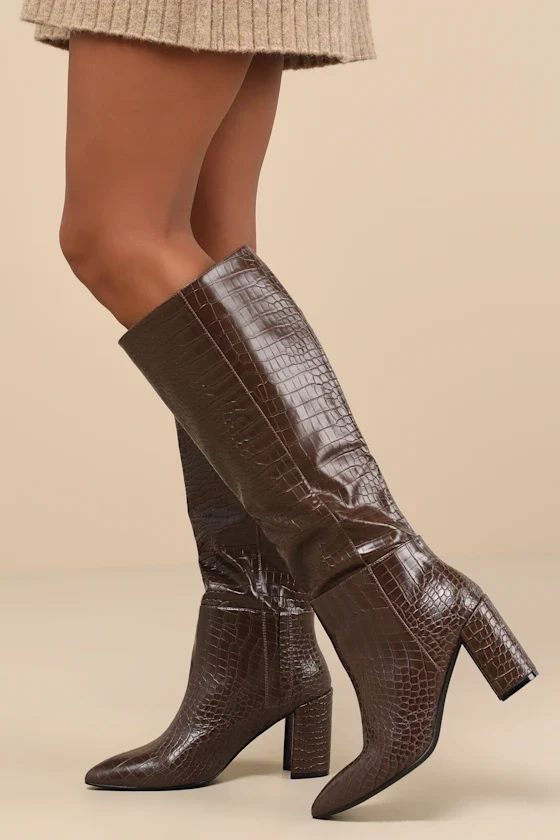 Katari Espresso Croc-Embossed Pointed-Toe Knee High Boots