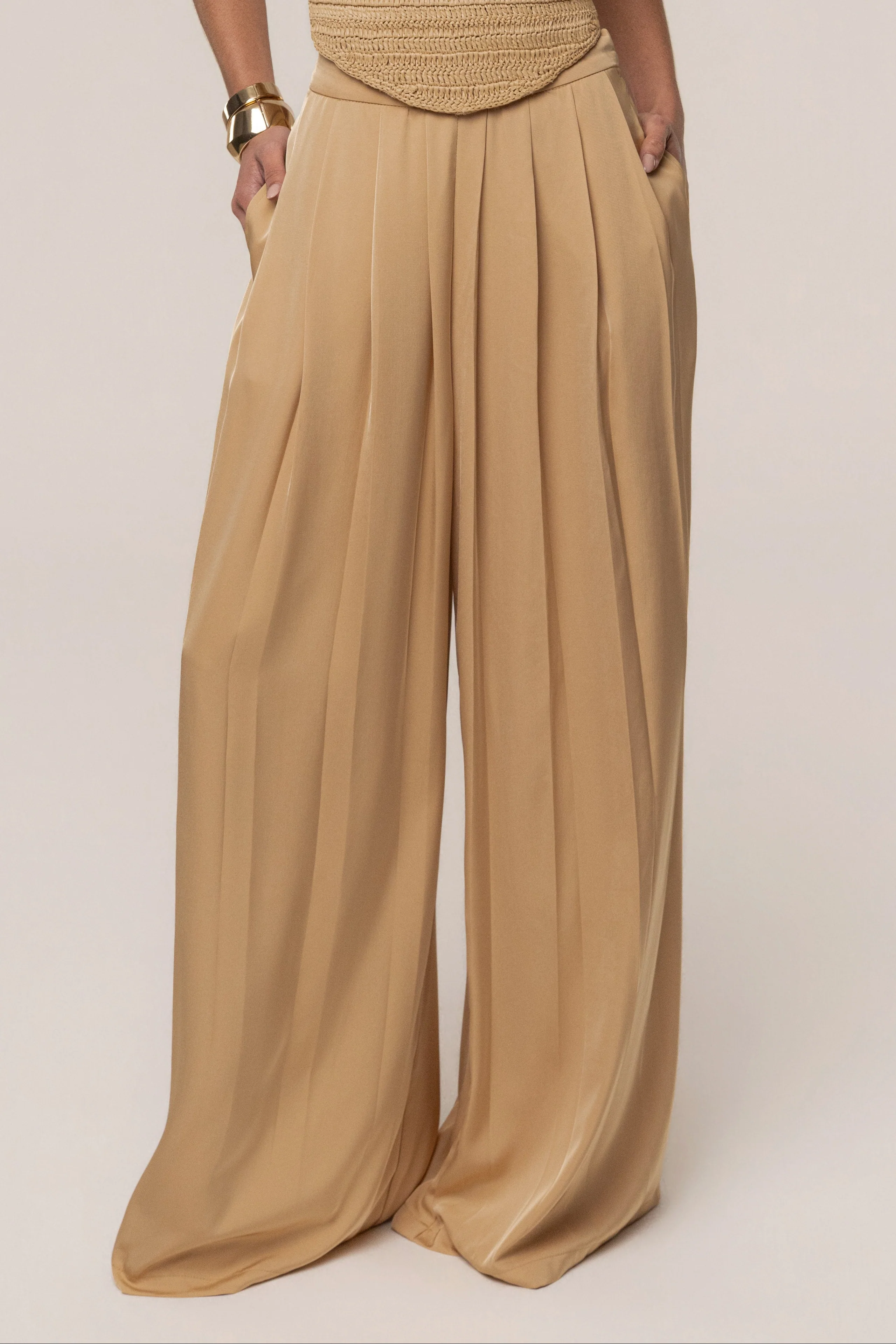 Beige Clara Wide Leg Pleated Trousers