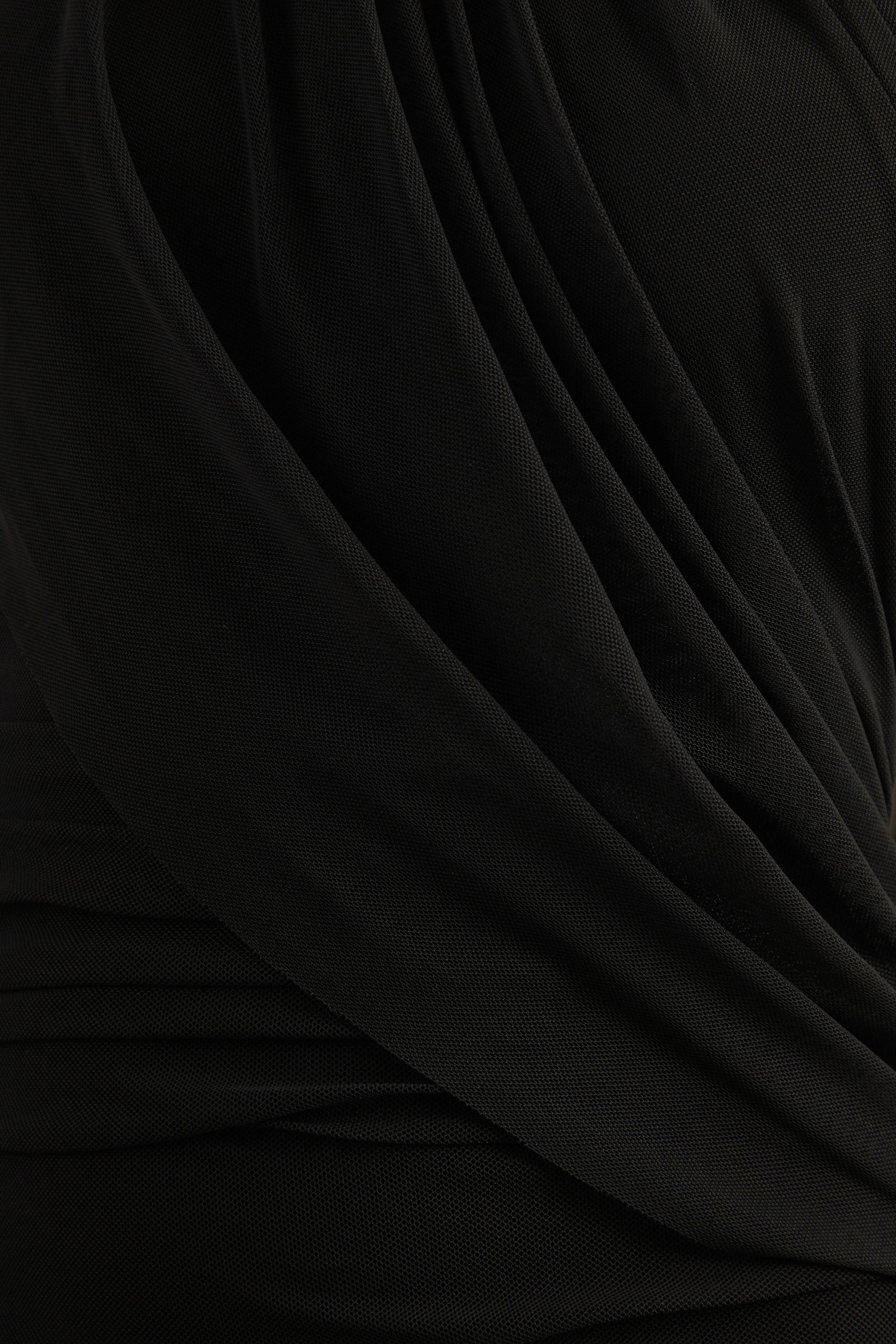 Gelsey | Black Mesh High Neck Ruched Maxi Dress With Scarf Detail
