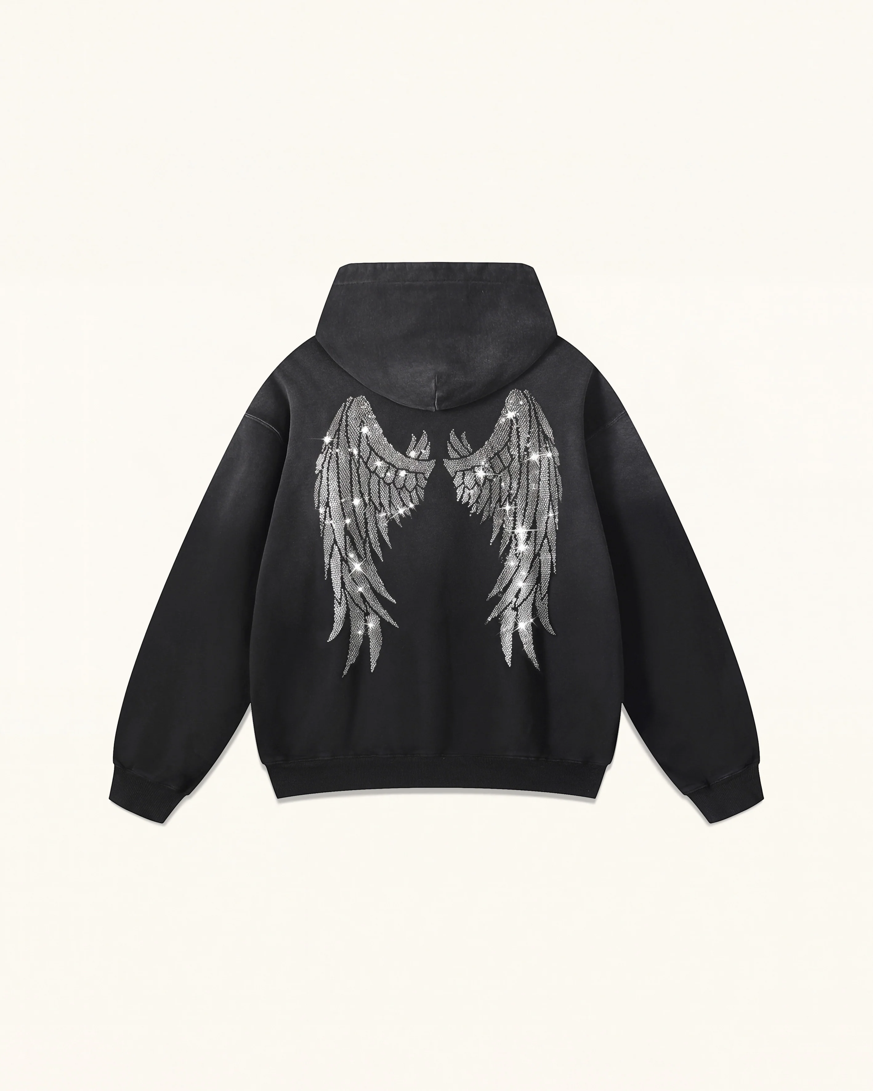 The Seraphic Crystal Feather Wing Hoodie - Washed Black
