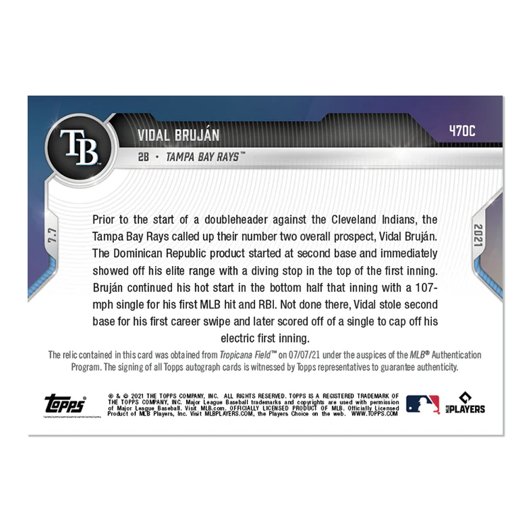 On-Card Auto Base Relic # to 25 - Vidal Bruján - 2021 MLB TOPPS NOW® Card 470C