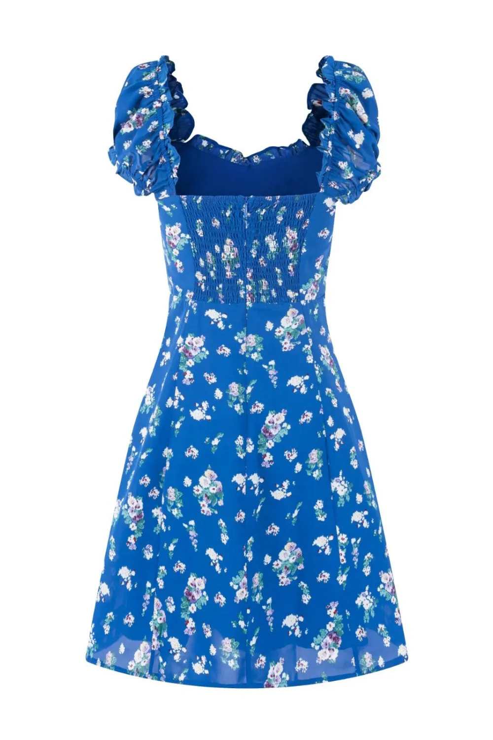 Blue Floral Puff Sleeves Bow Long Dress