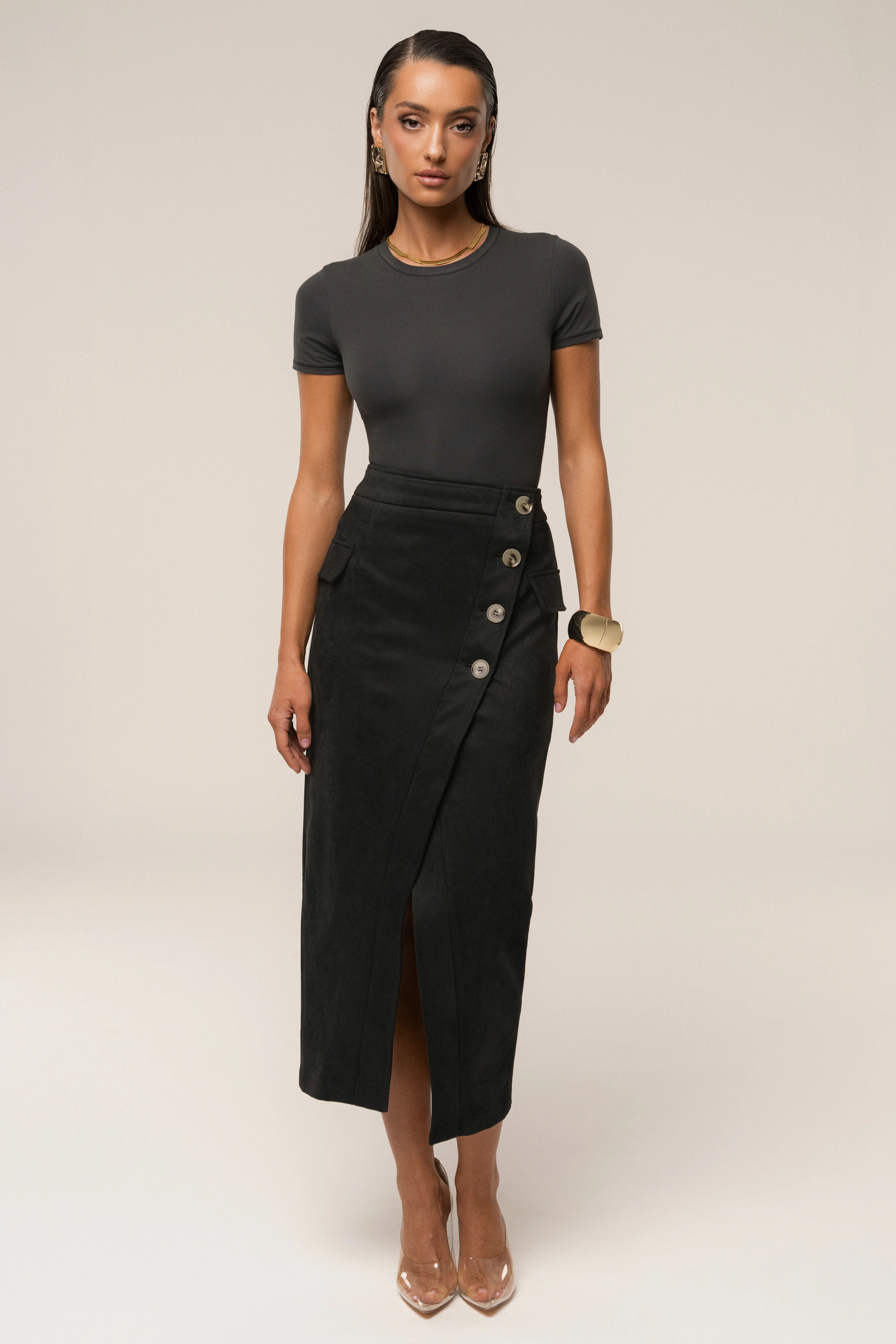 Black Audrey Suede Midi Skirt