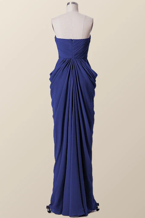Sweetheart Navy Blue Draped Long Bridesmaid Dress
