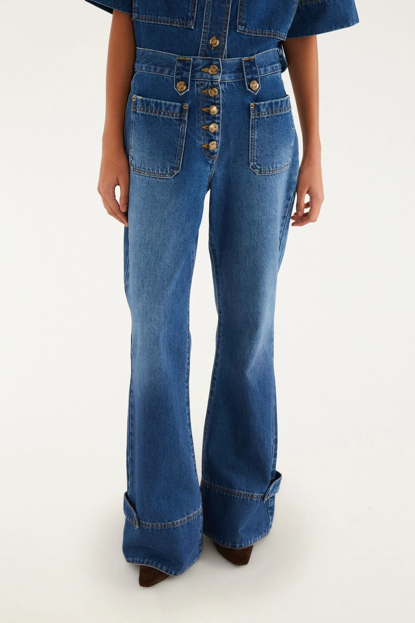 Denim Porcelain Birds Pockets Flare Pants