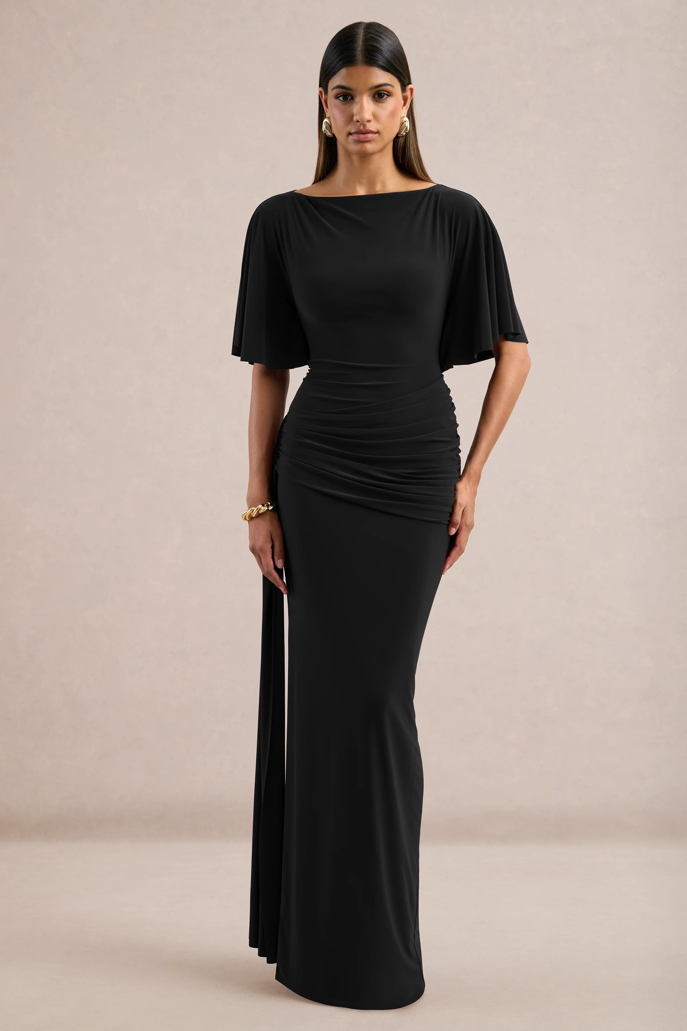 Emerelle | Black Jersey Ruched Boat Neck Short Sleeve Maxi Dress With Sash And Split