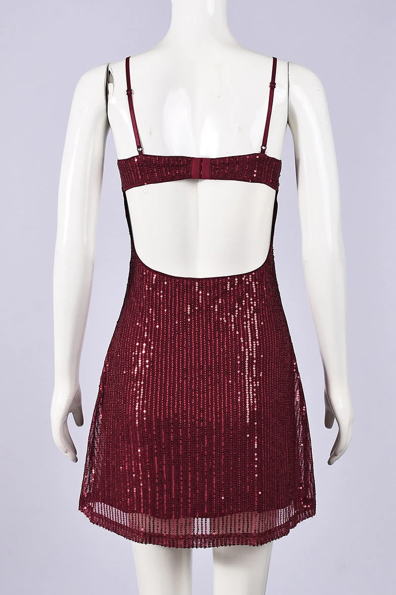 Straps Burgundy Sequin A-line Short Dress