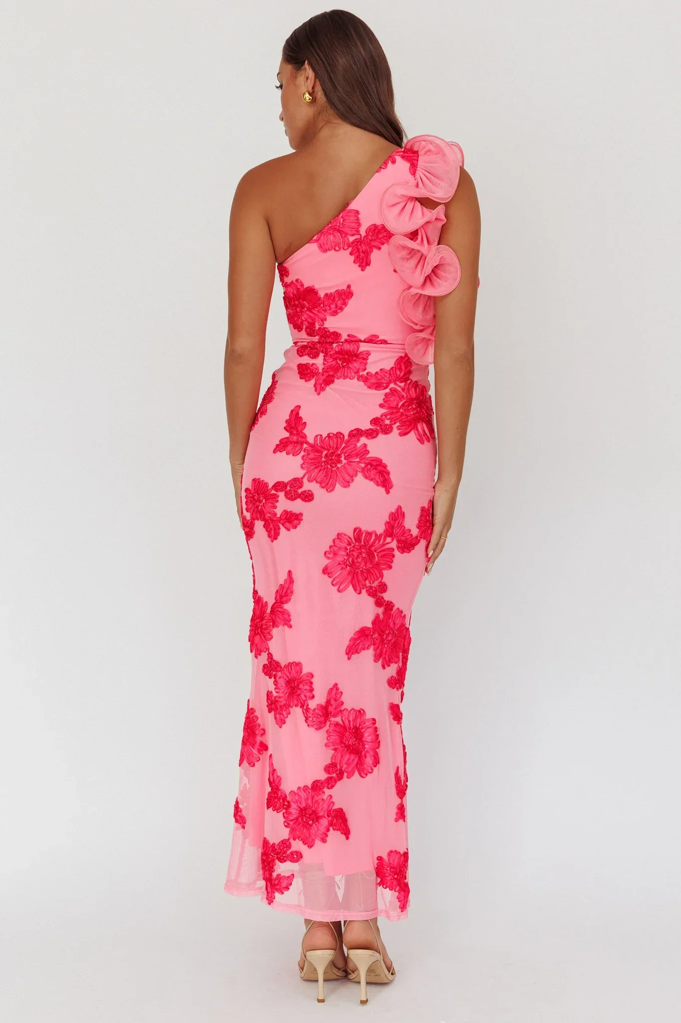 Deanna One-Shoulder Ruffle Maxi Dress Floral Pink