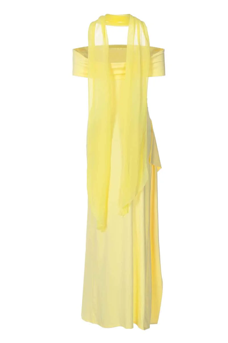 Off the Shoulder Yellow Slit Dress