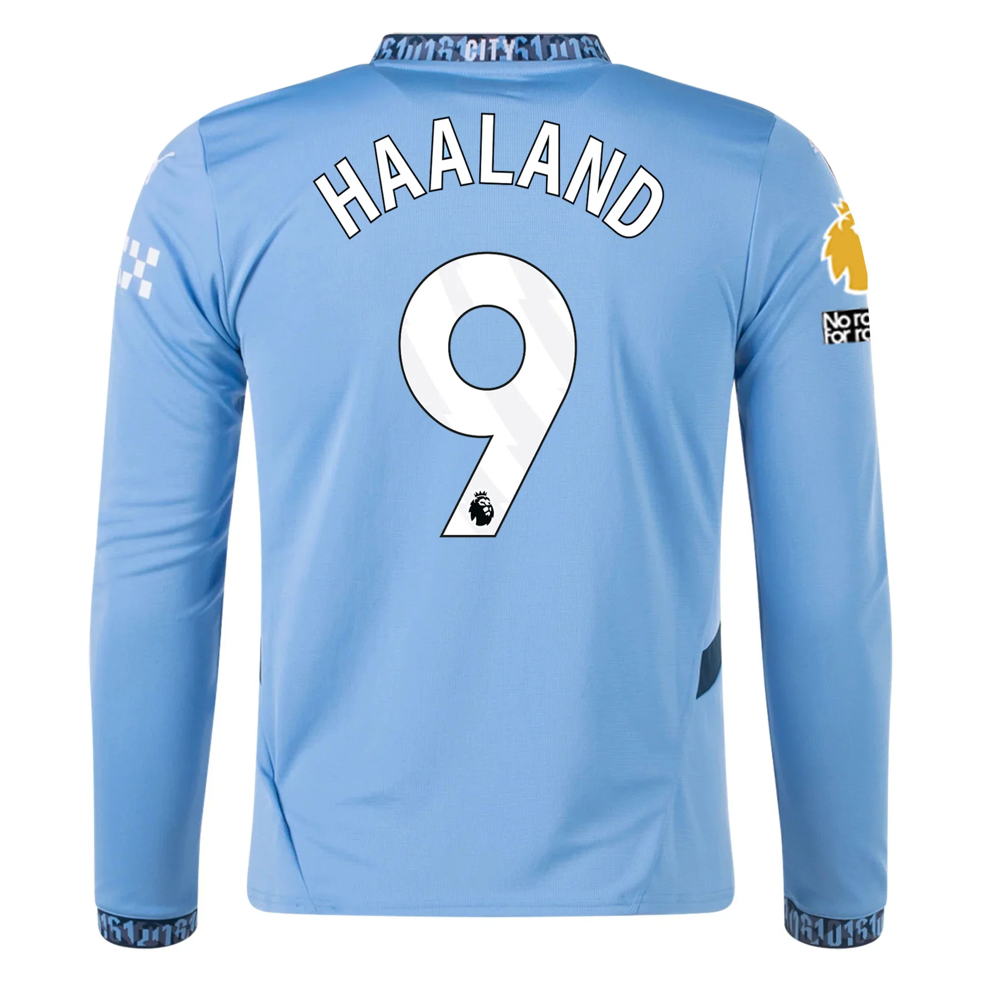 Manchester City Erling Haaland Home Long Sleeve Jersey w/ EPL + No Room For Racism Patch 24/25 (Team Light/Marine Blue)