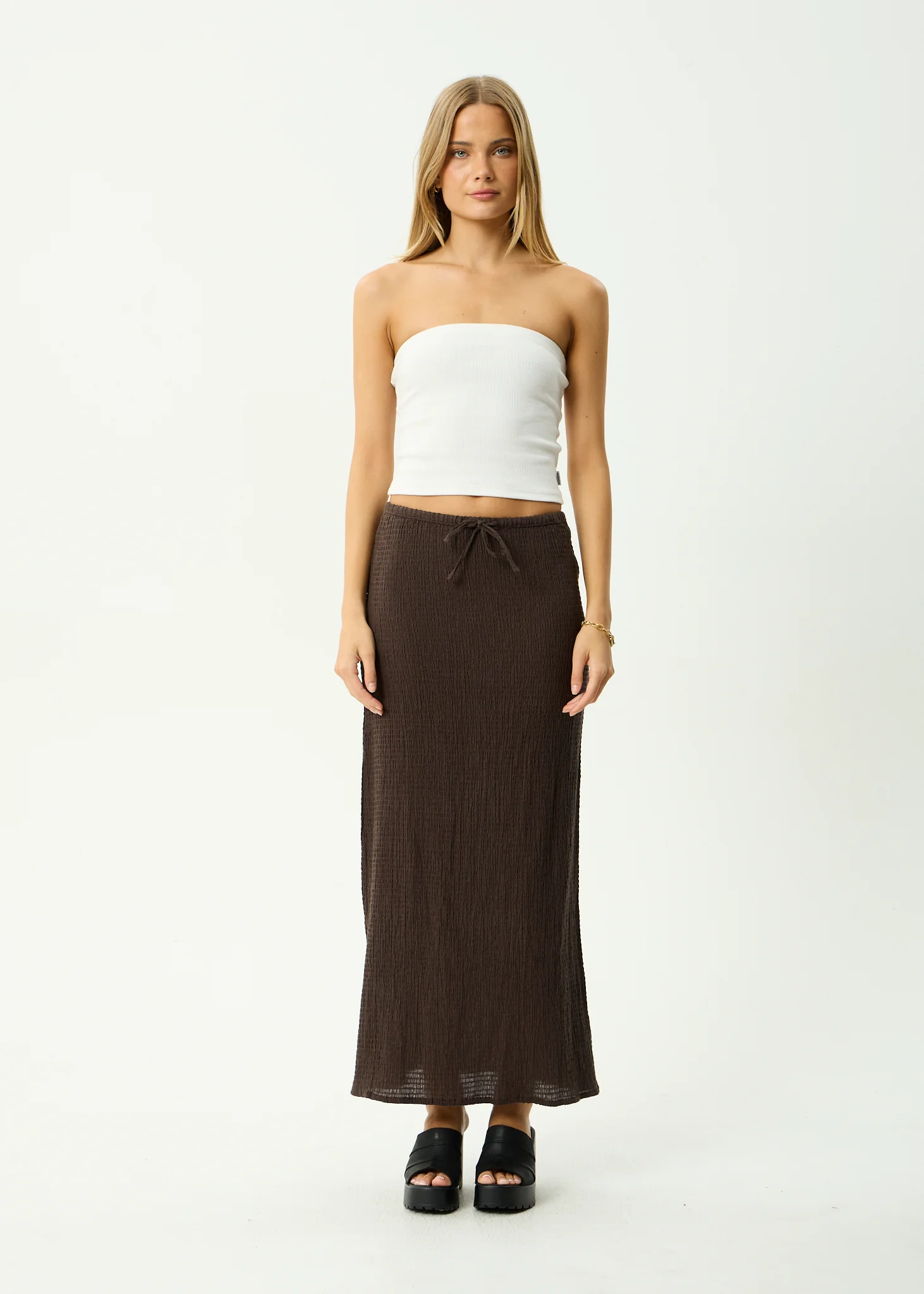AFENDS Womens Frida - Seersucker Maxi Skirt - Coffee