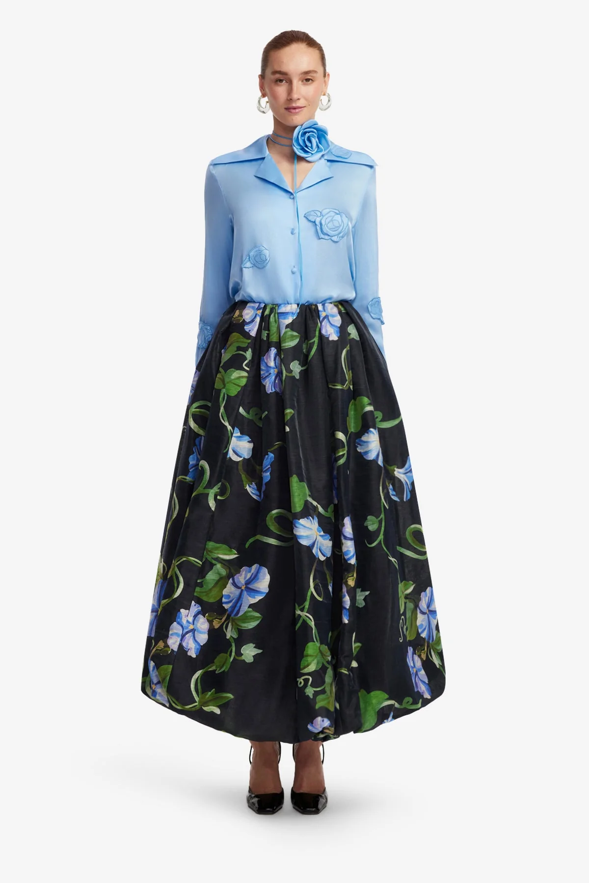 Victoria Puff Maxi Skirt - Vine Print in Ebony